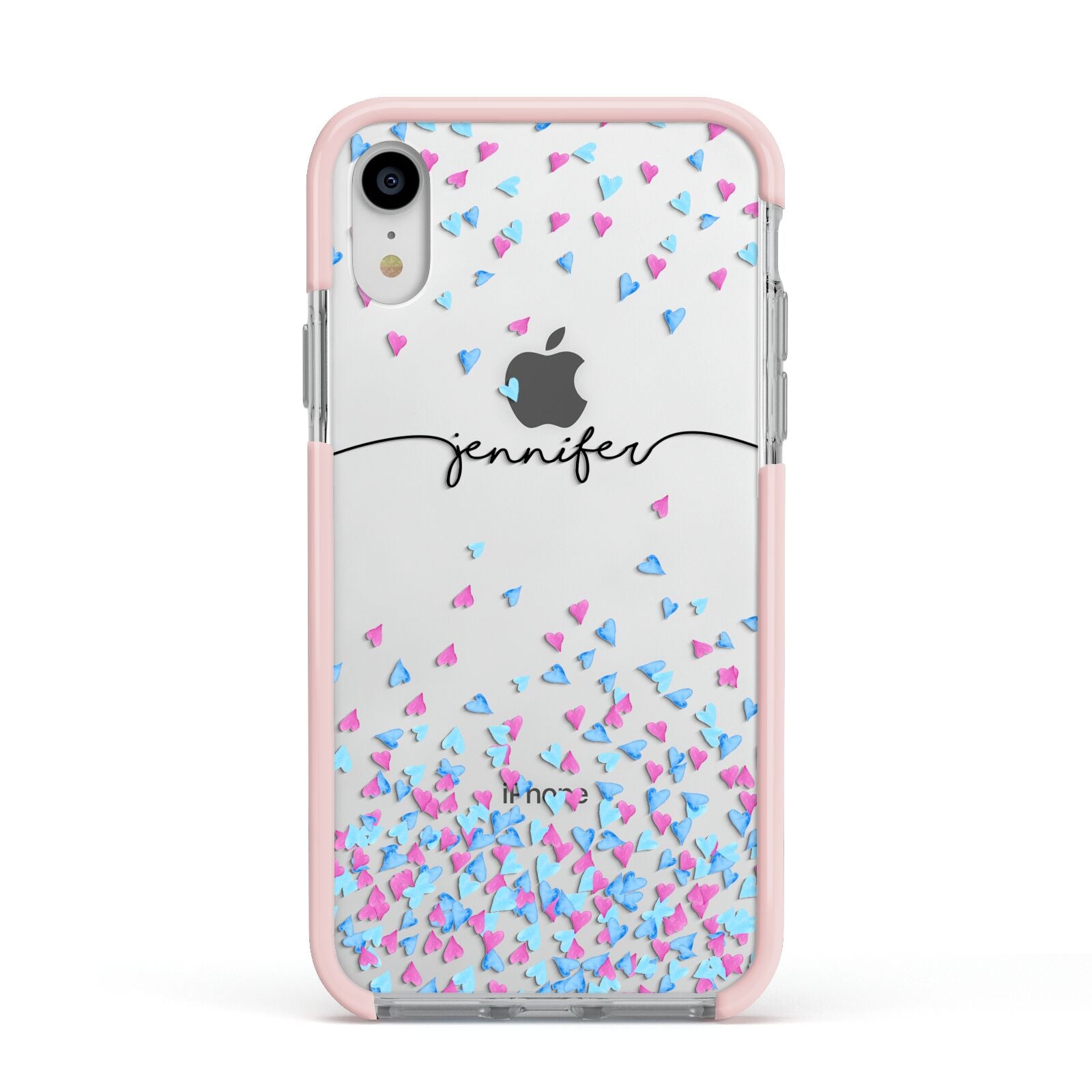 Personalised Confetti Hearts Apple iPhone XR Impact Case Pink Edge on Silver Phone