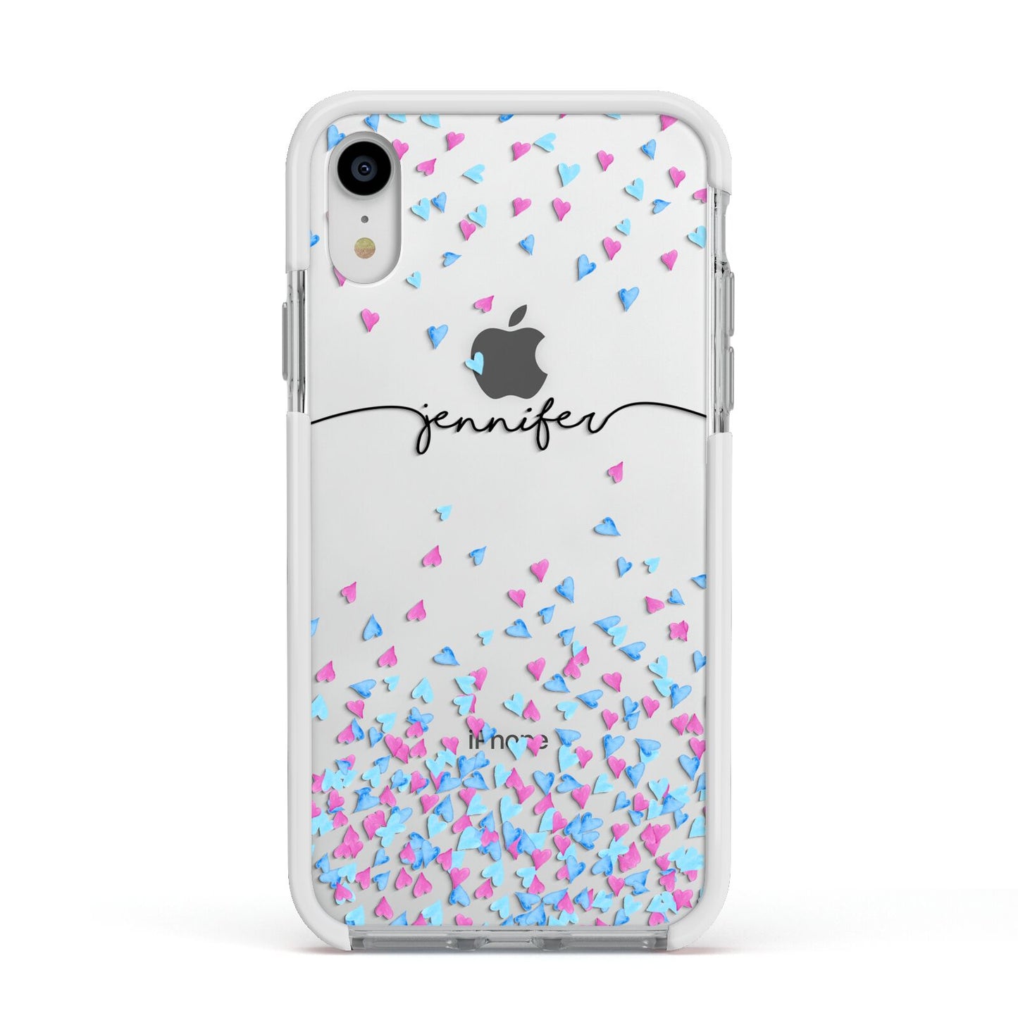 Personalised Confetti Hearts Apple iPhone XR Impact Case White Edge on Silver Phone