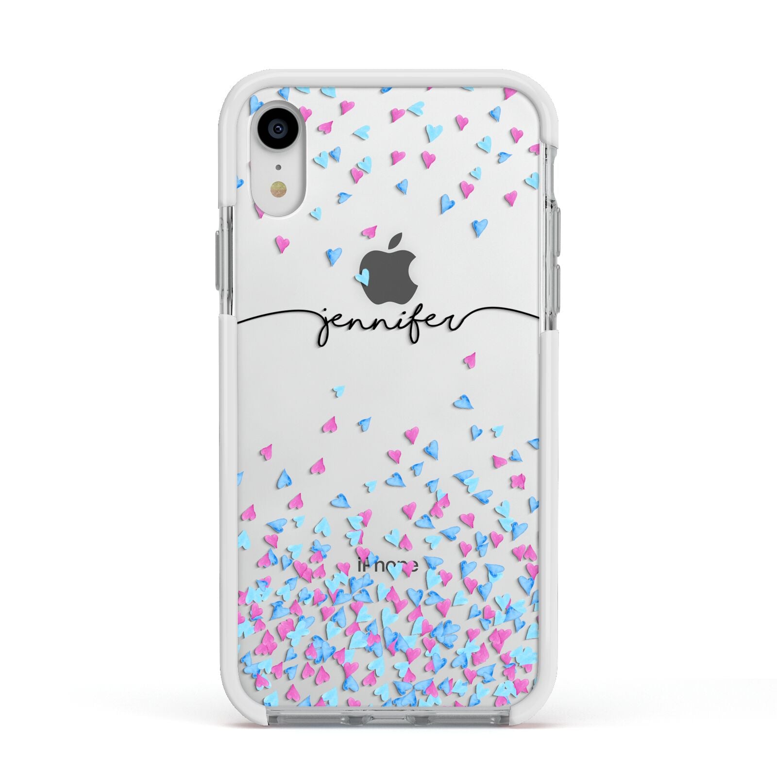 Personalised Confetti Hearts Apple iPhone XR Impact Case White Edge on Silver Phone