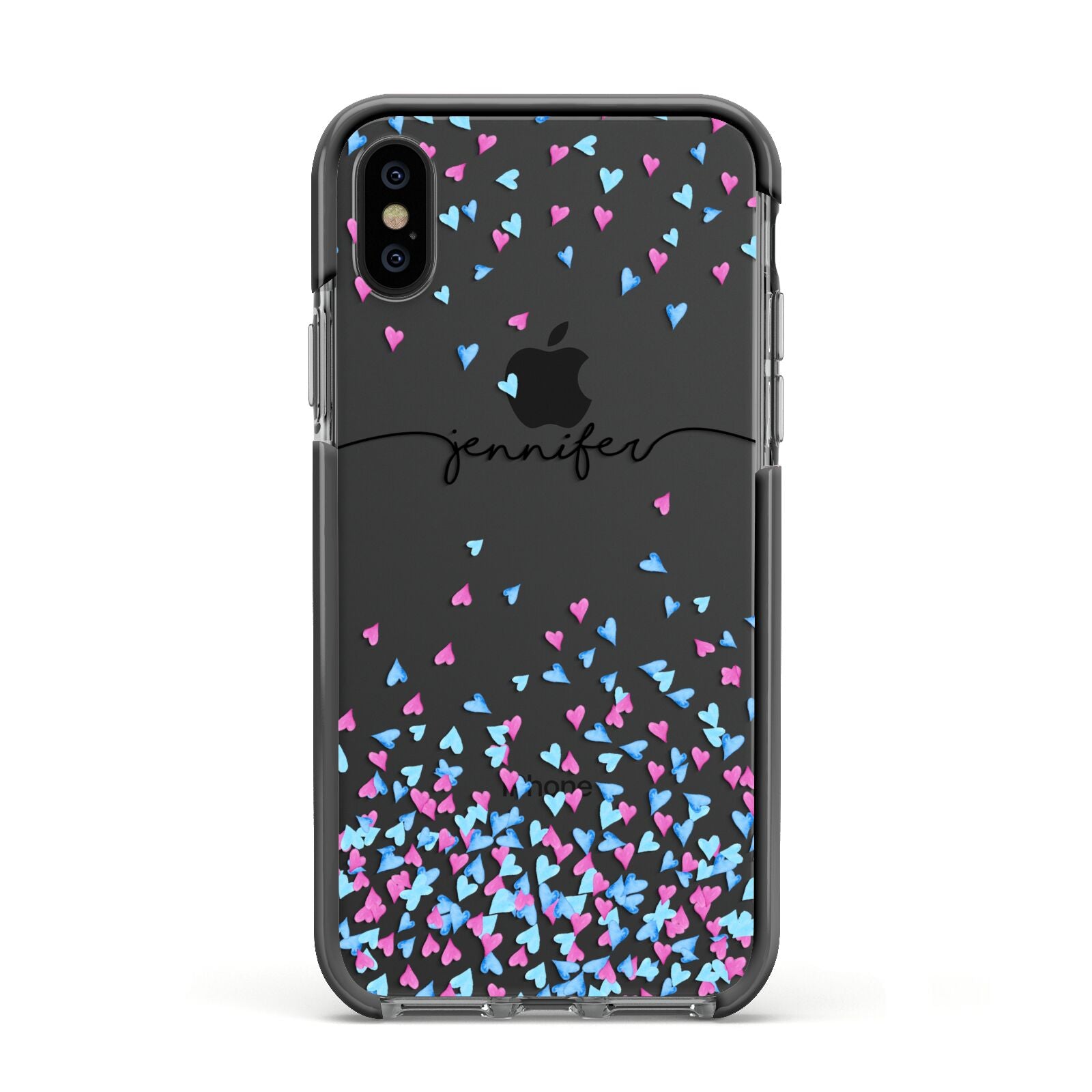 Personalised Confetti Hearts Apple iPhone Xs Impact Case Black Edge on Black Phone