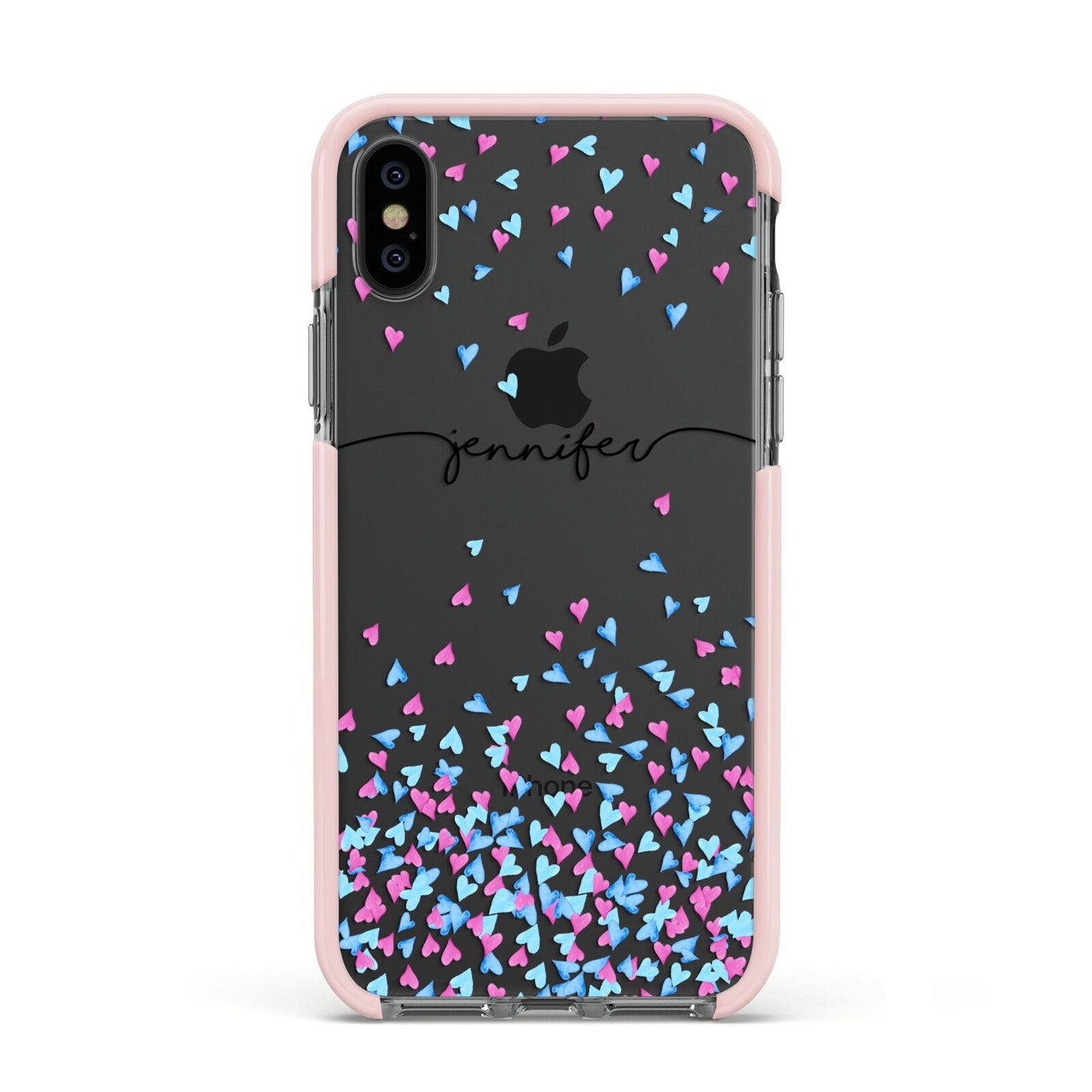 Personalised Confetti Hearts Apple iPhone Xs Impact Case Pink Edge on Black Phone