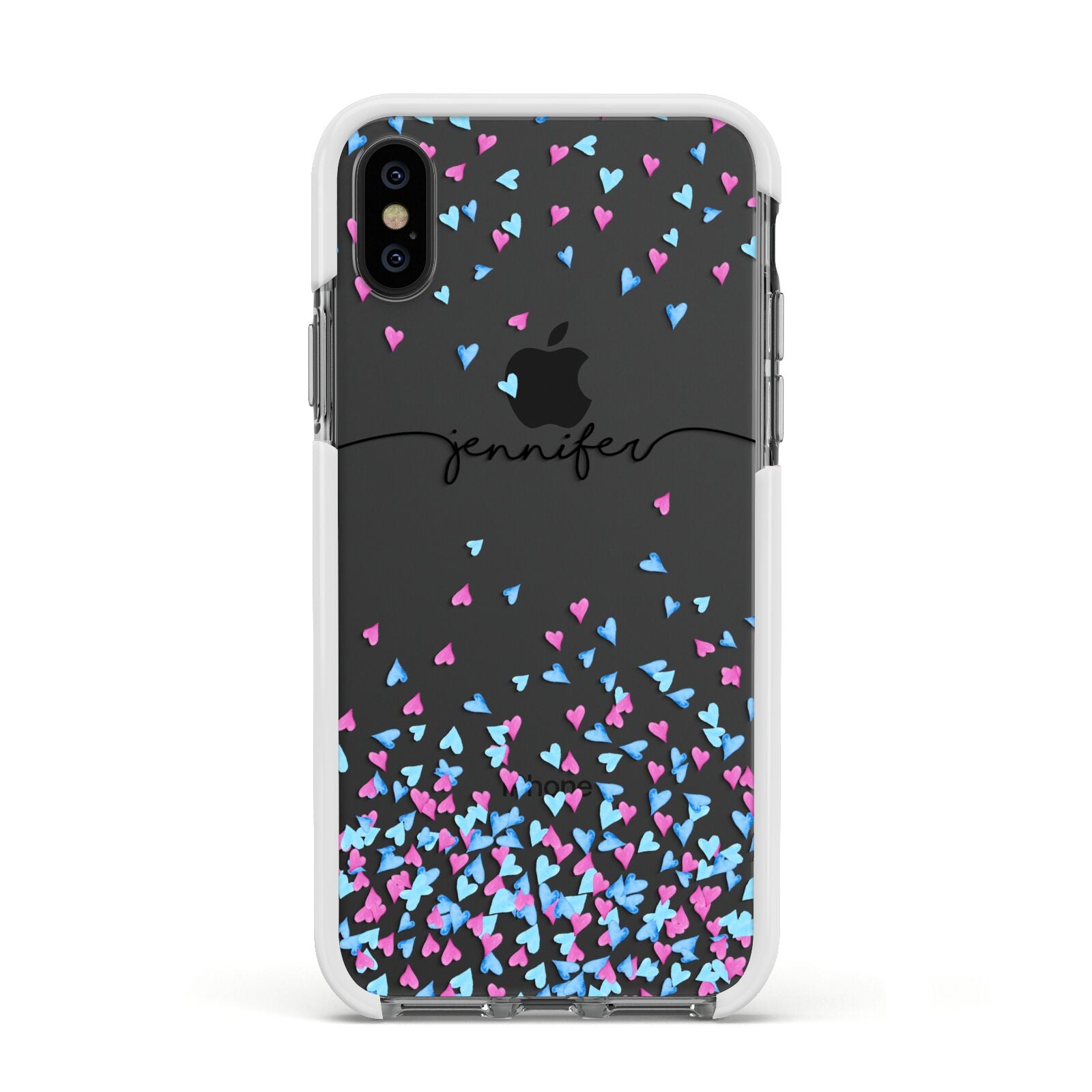 Personalised Confetti Hearts Apple iPhone Xs Impact Case White Edge on Black Phone