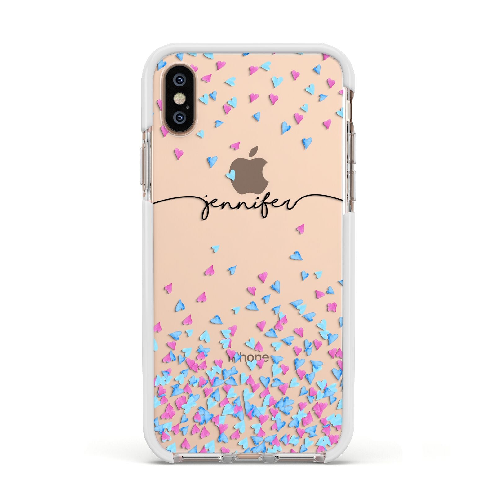 Personalised Confetti Hearts Apple iPhone Xs Impact Case White Edge on Gold Phone