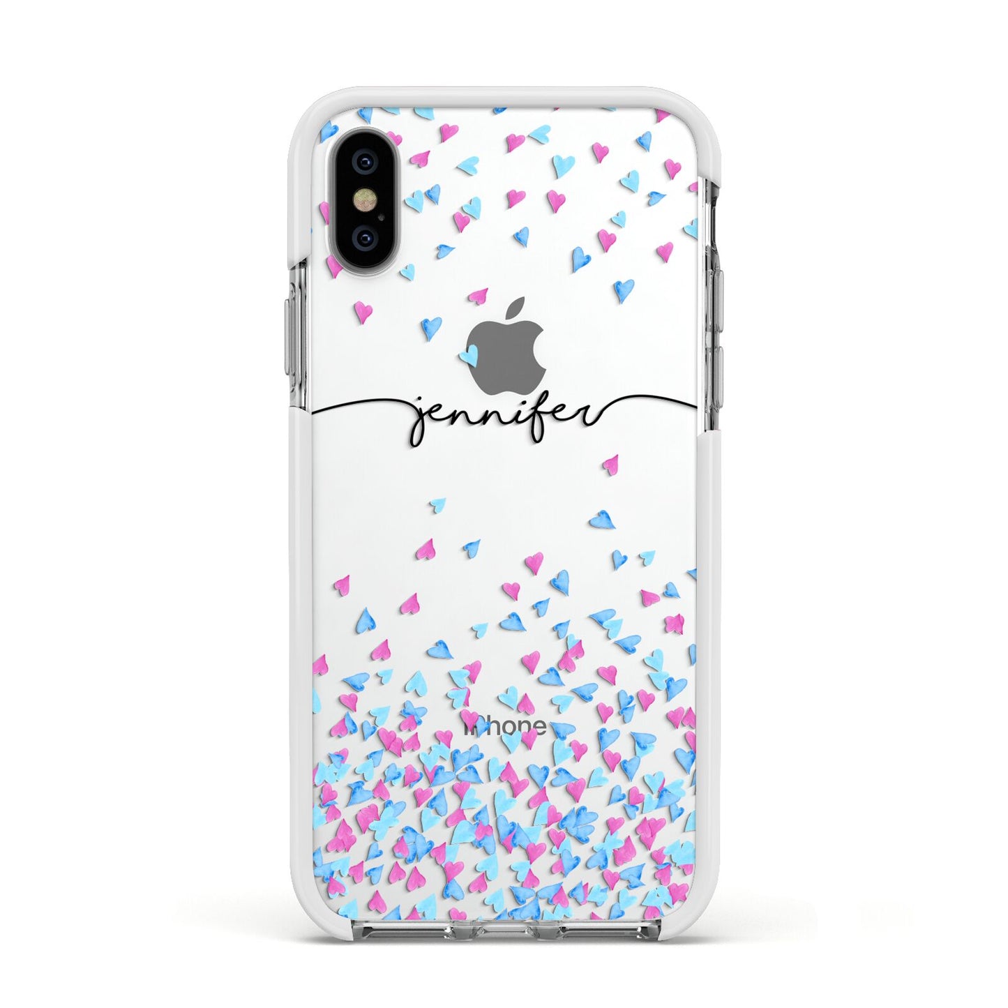 Personalised Confetti Hearts Apple iPhone Xs Impact Case White Edge on Silver Phone