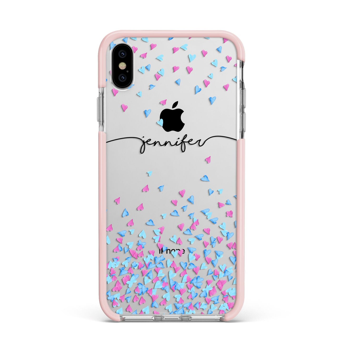 Personalised Confetti Hearts Apple iPhone Xs Max Impact Case Pink Edge on Silver Phone