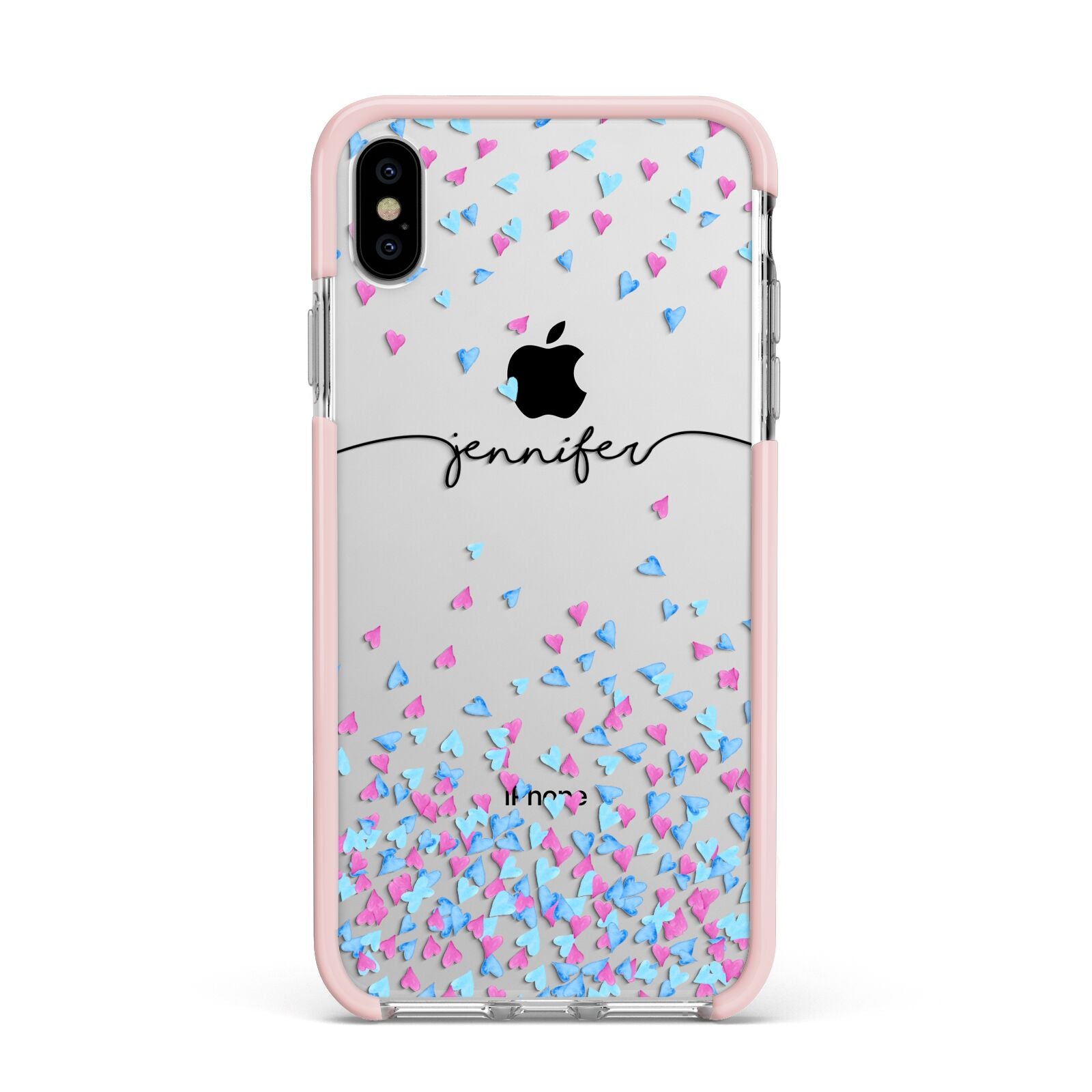 Personalised Confetti Hearts Apple iPhone Xs Max Impact Case Pink Edge on Silver Phone