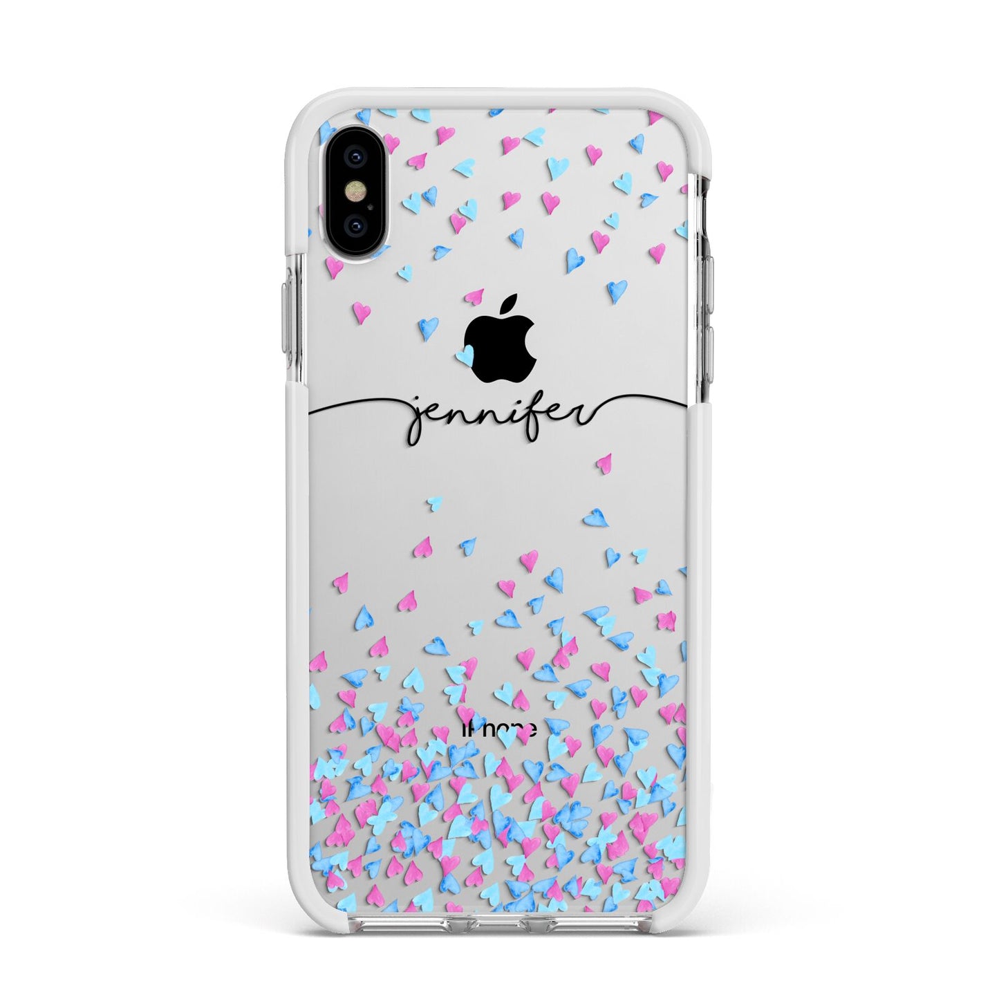 Personalised Confetti Hearts Apple iPhone Xs Max Impact Case White Edge on Silver Phone