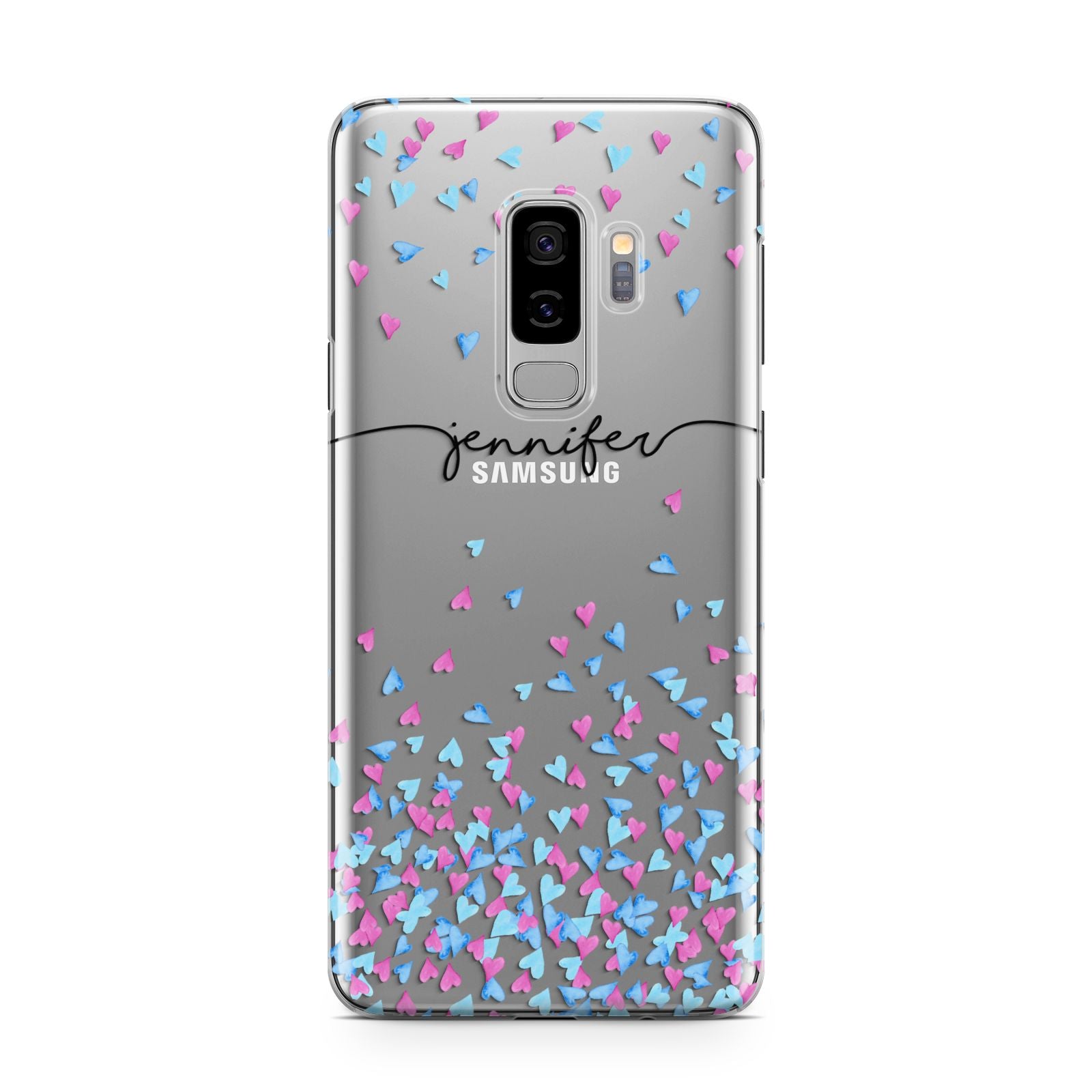 Personalised Confetti Hearts Samsung Galaxy S9 Plus Case on Silver phone