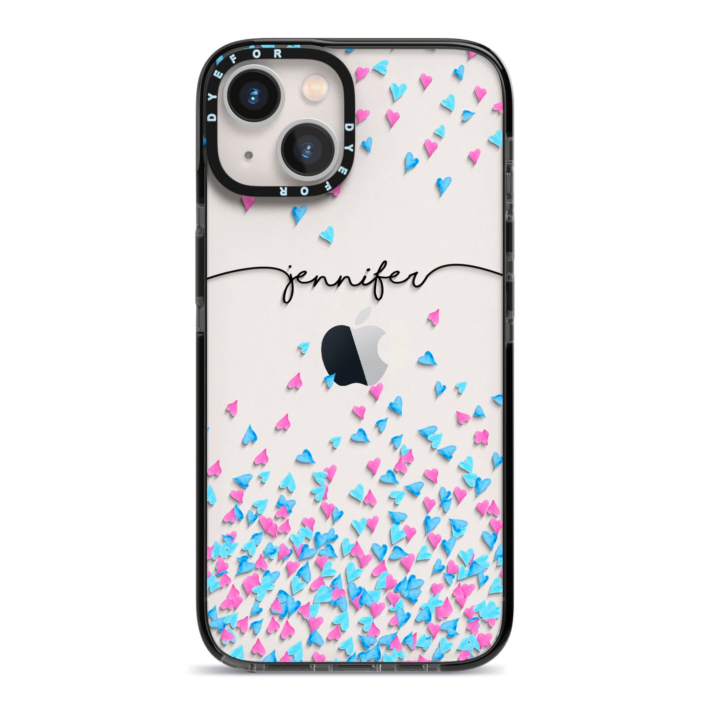 Personalised Confetti Hearts iPhone 13 Black Impact Case on Silver phone