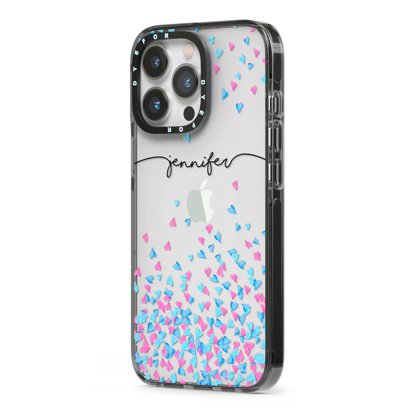Personalised Confetti Hearts iPhone 13 Pro Black Impact Case Side Angle on Silver phone