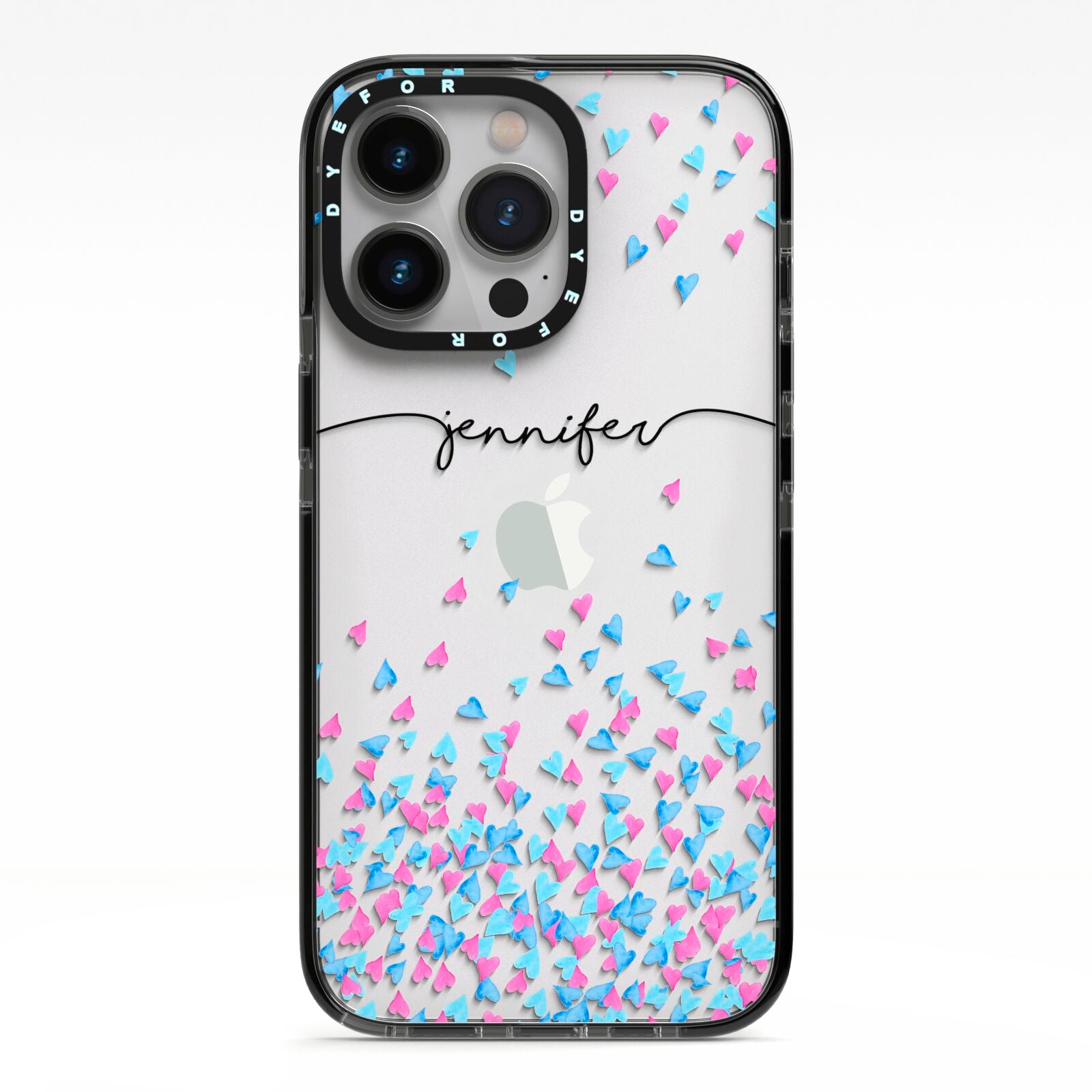 Personalised Confetti Hearts iPhone 13 Pro Black Impact Case on Silver phone