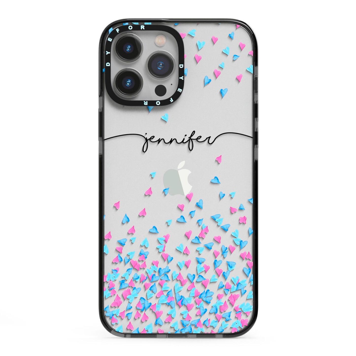 Personalised Confetti Hearts iPhone 13 Pro Max Black Impact Case on Silver phone