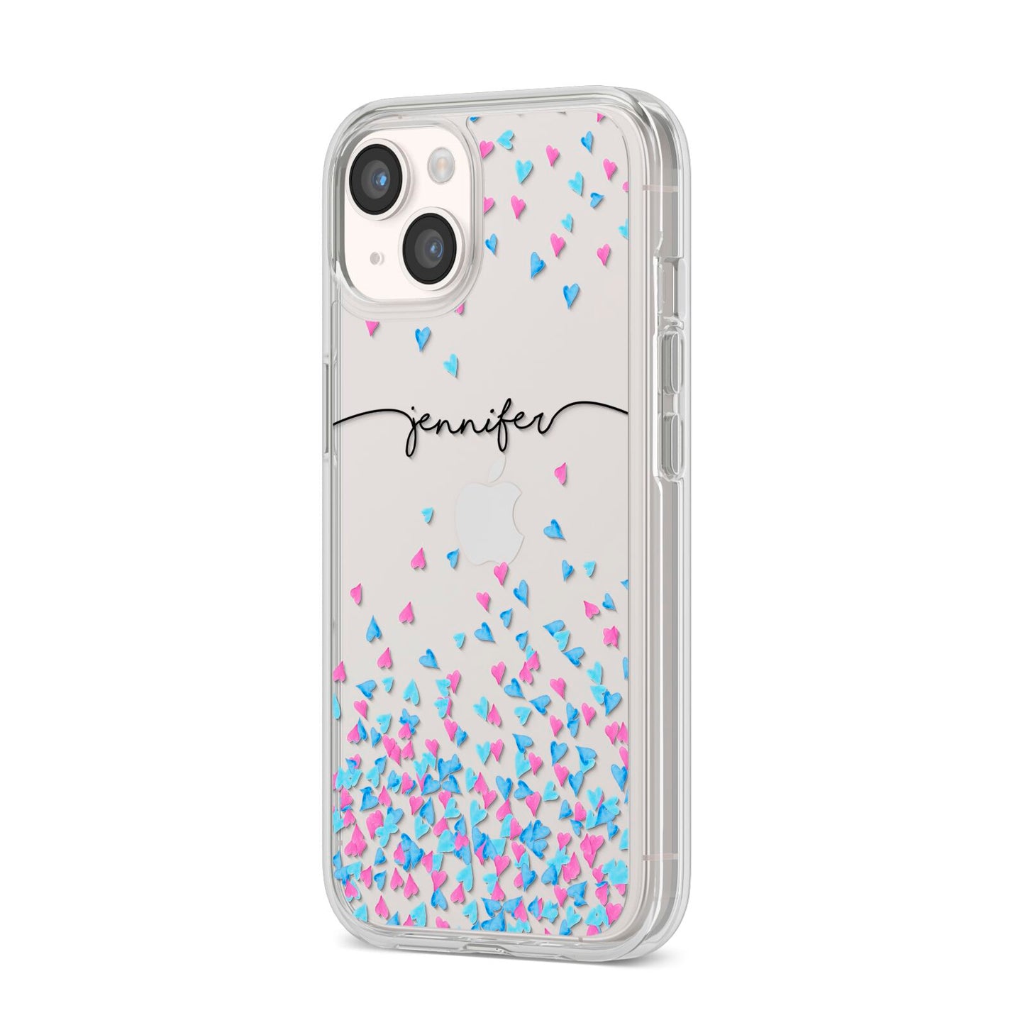 Personalised Confetti Hearts iPhone 14 Clear Tough Case Starlight Angled Image