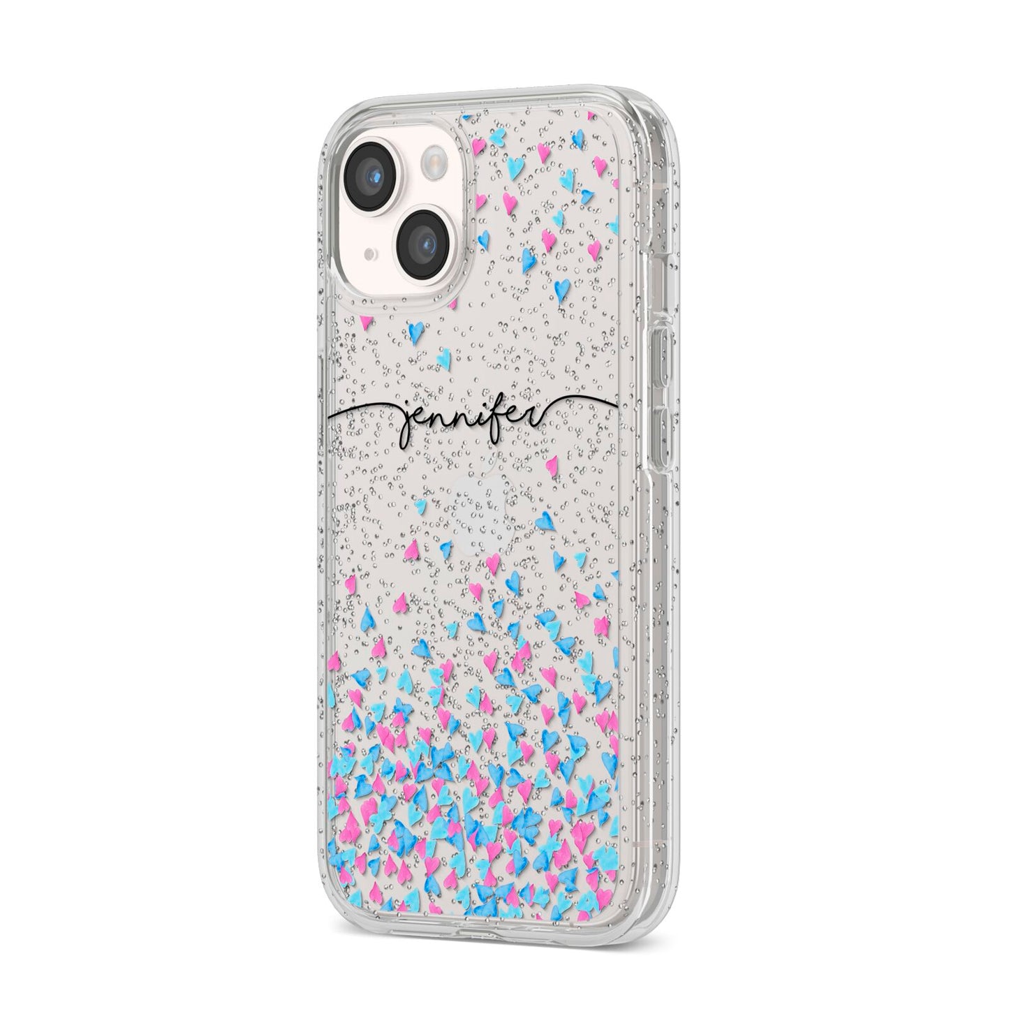 Personalised Confetti Hearts iPhone 14 Glitter Tough Case Starlight Angled Image