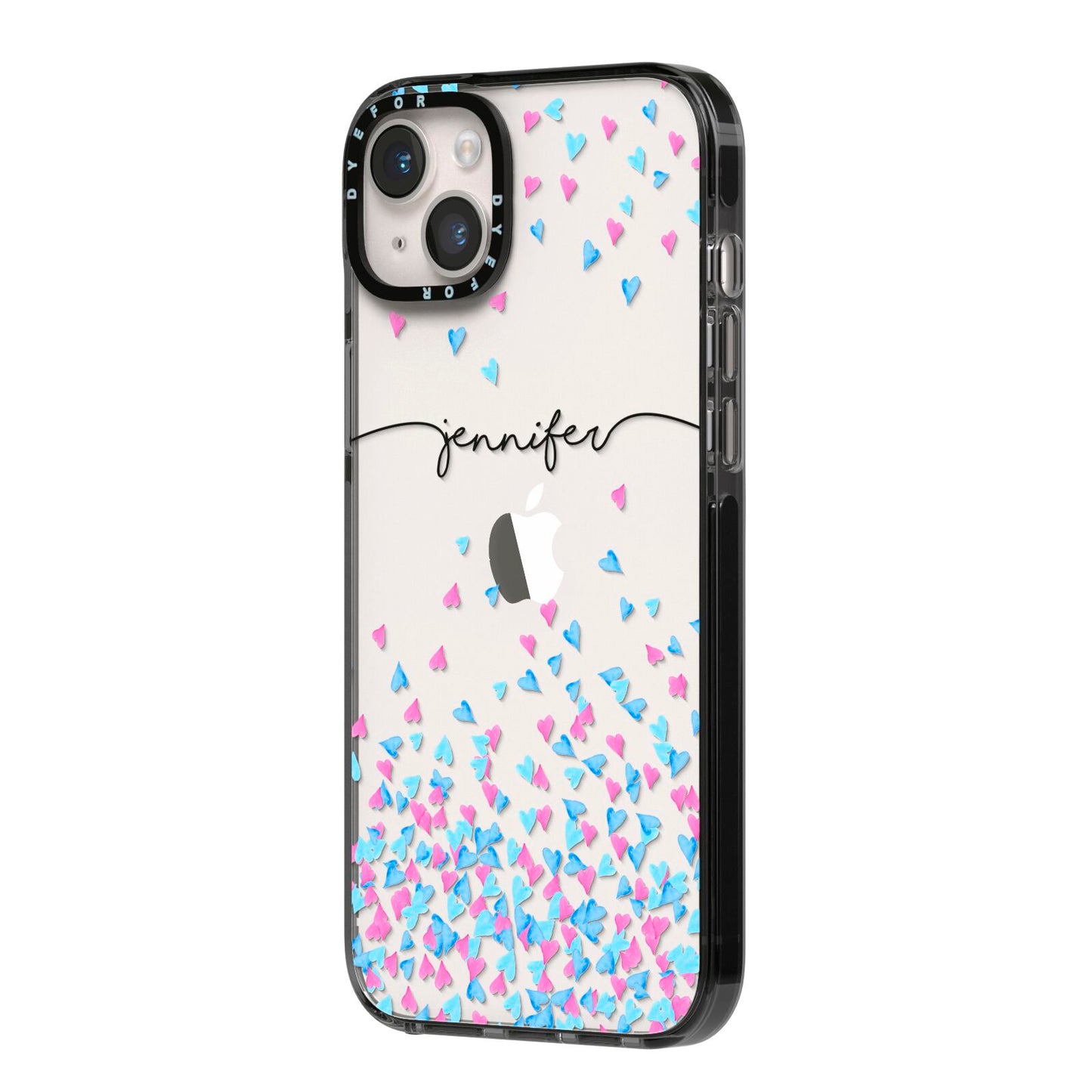 Personalised Confetti Hearts iPhone 14 Plus Black Impact Case Side Angle on Silver phone