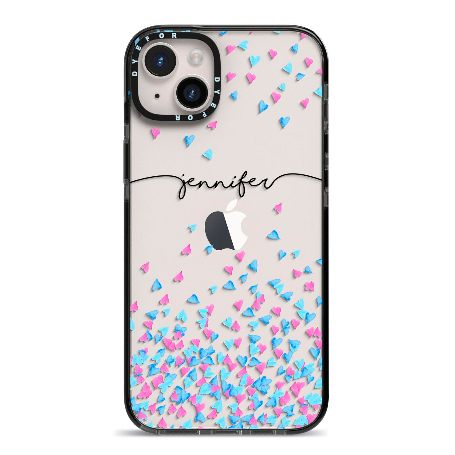 Personalised Confetti Hearts iPhone 14 Plus Black Impact Case on Silver phone