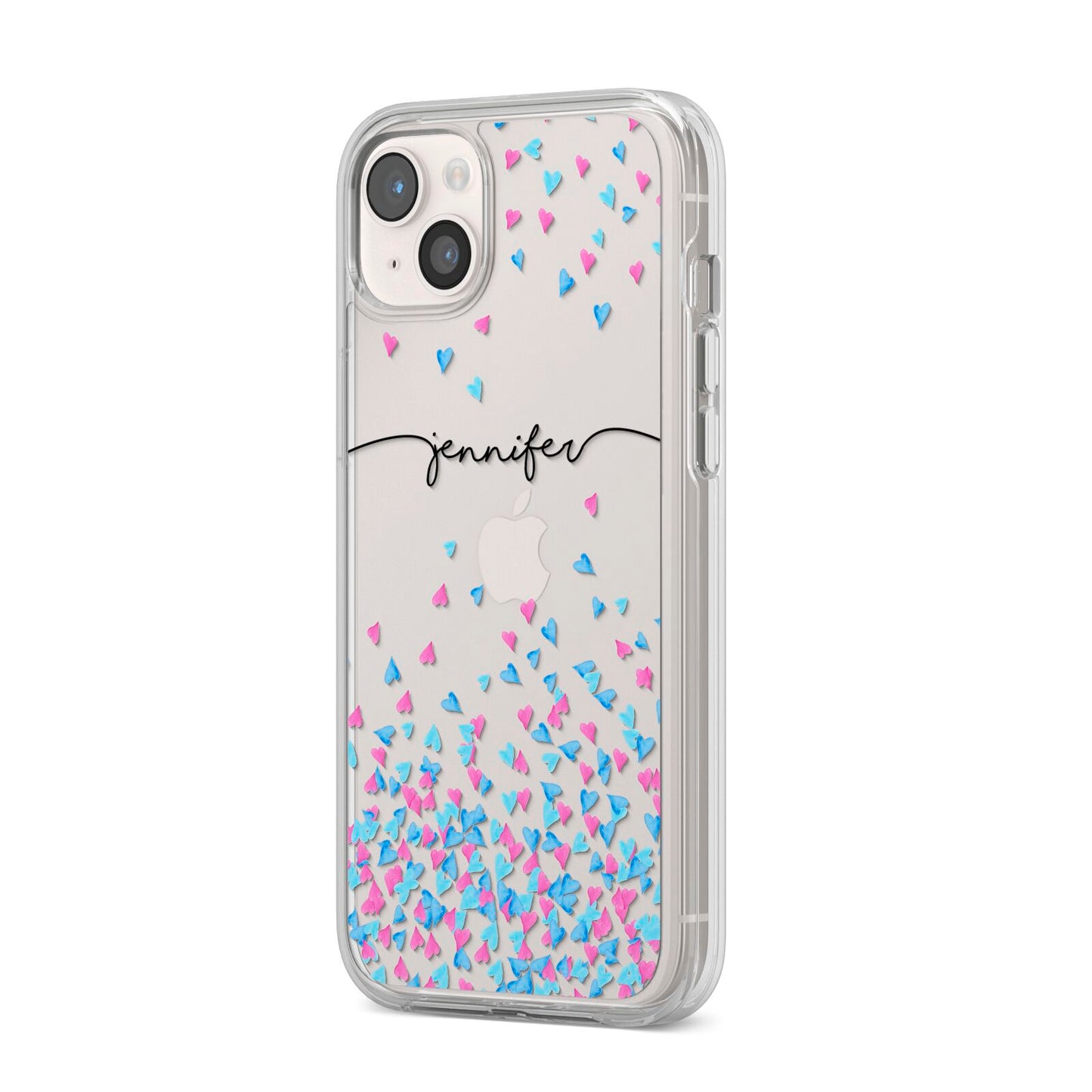 Personalised Confetti Hearts iPhone 14 Plus Clear Tough Case Starlight Angled Image