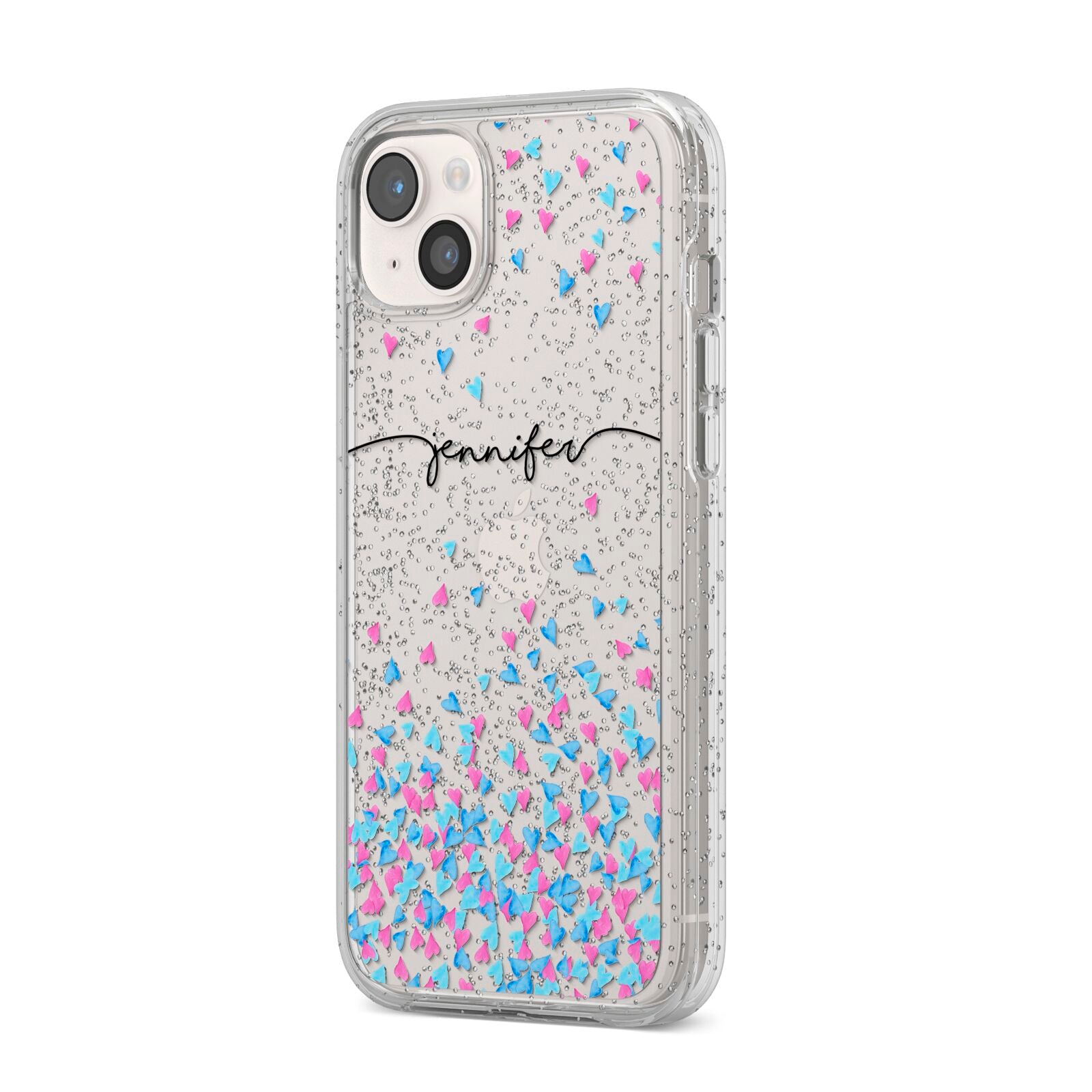 Personalised Confetti Hearts iPhone 14 Plus Glitter Tough Case Starlight Angled Image