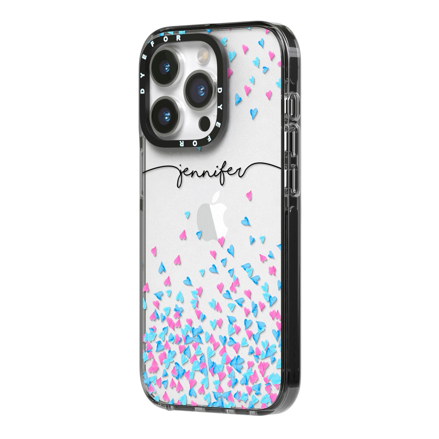 Personalised Confetti Hearts iPhone 14 Pro Black Impact Case Side Angle on Silver phone