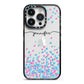 Personalised Confetti Hearts iPhone 14 Pro Black Impact Case on Silver phone