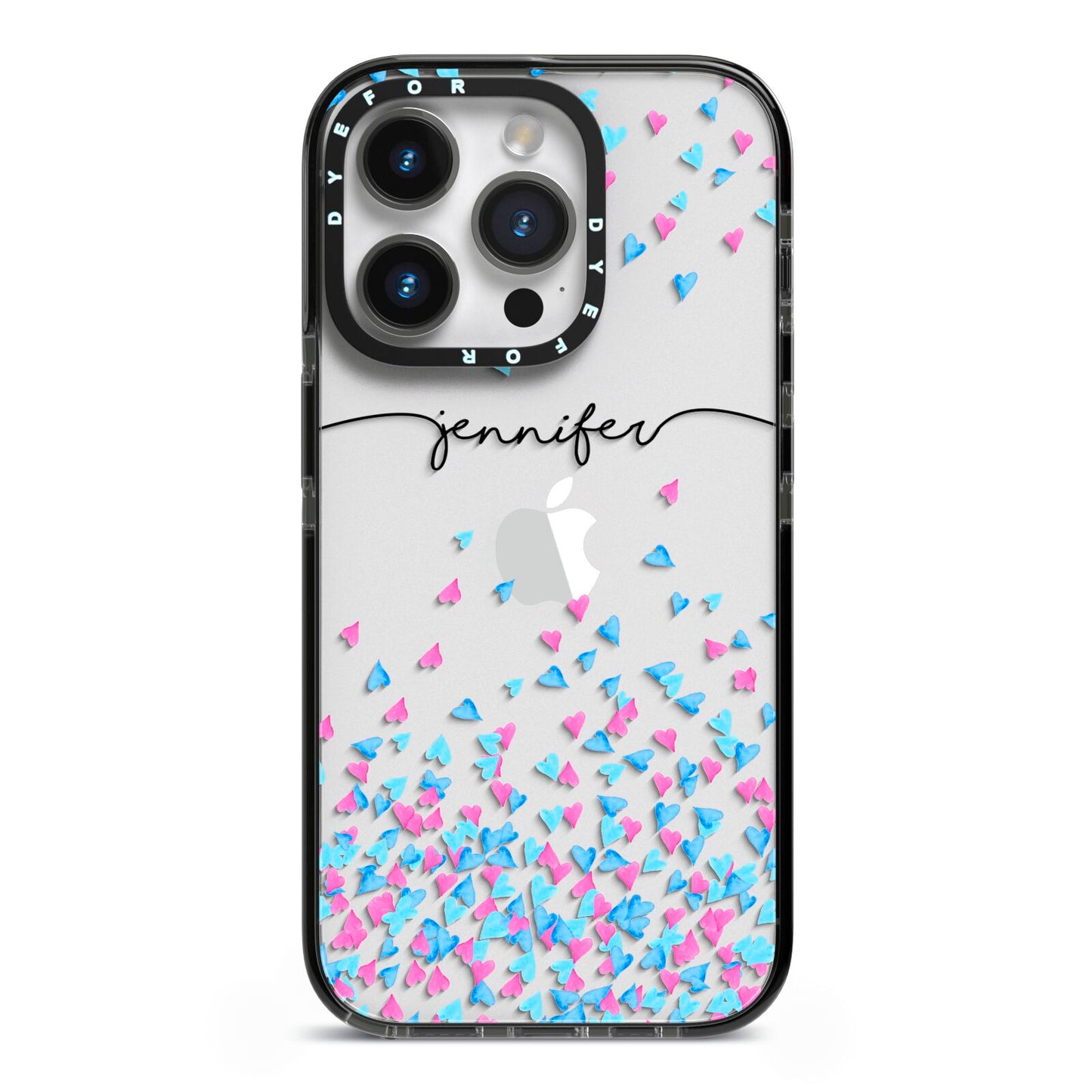 Personalised Confetti Hearts iPhone 14 Pro Black Impact Case on Silver phone