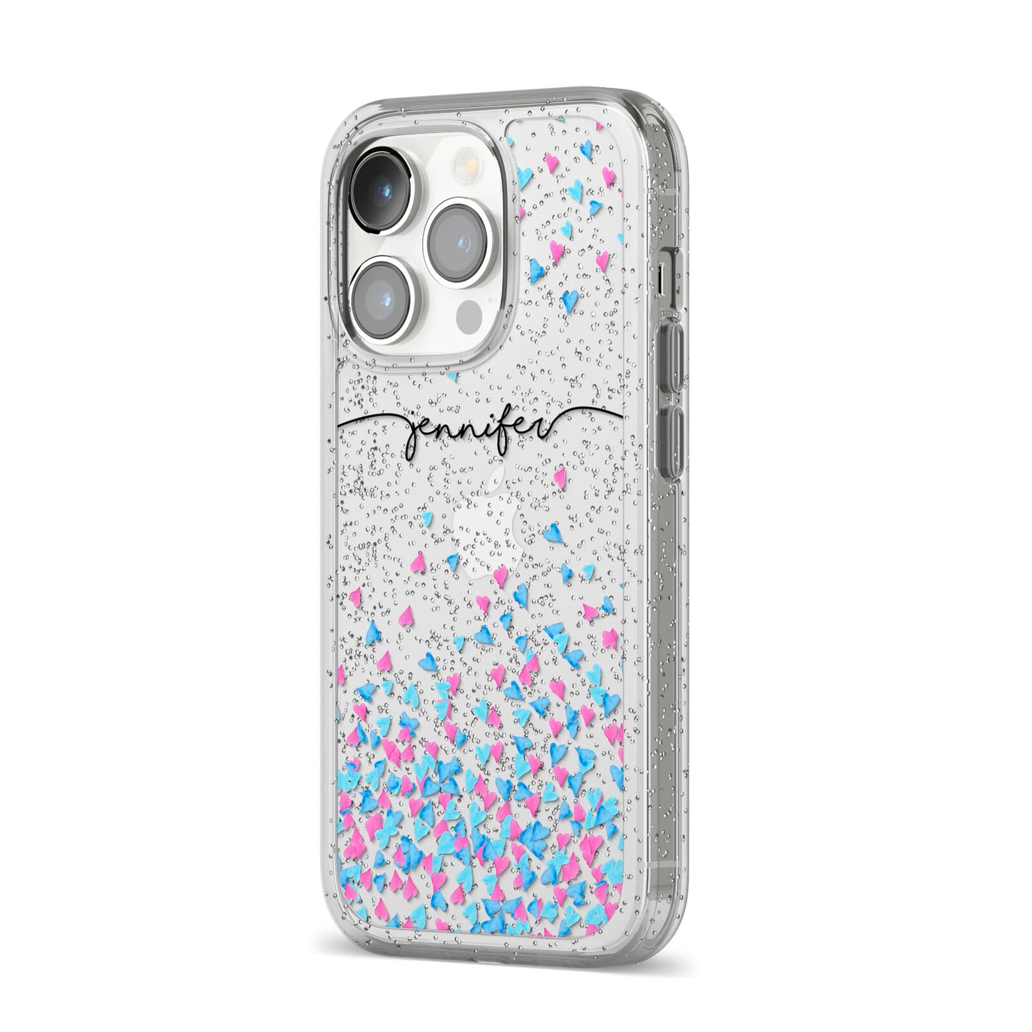Personalised Confetti Hearts iPhone 14 Pro Glitter Tough Case Silver Angled Image