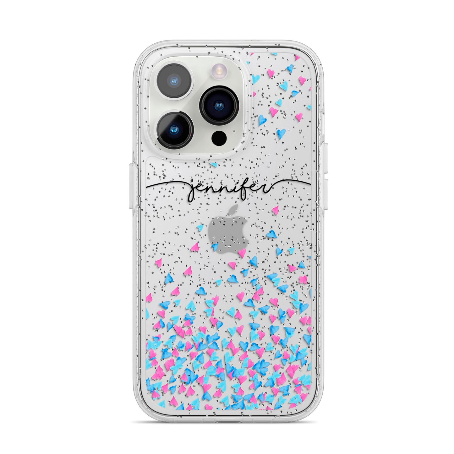 Personalised Confetti Hearts iPhone 14 Pro Glitter Tough Case Silver