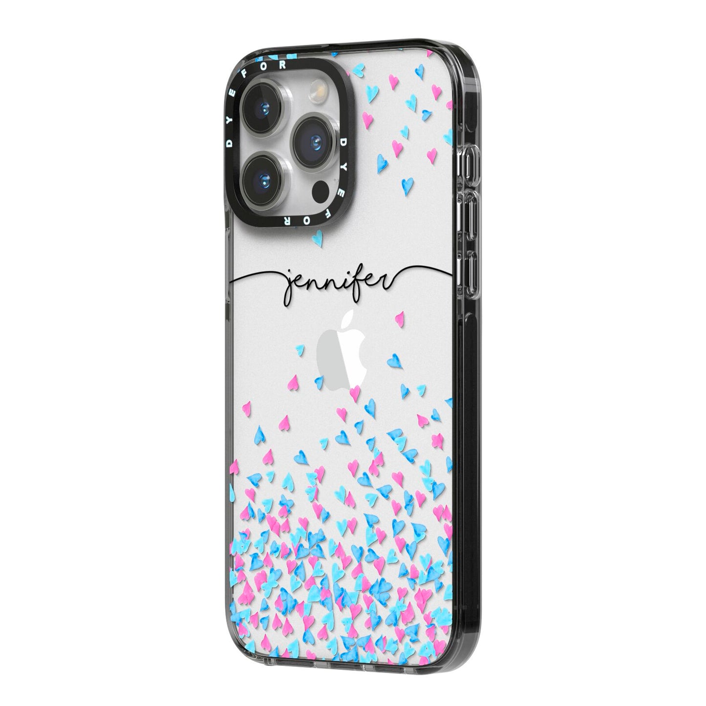 Personalised Confetti Hearts iPhone 14 Pro Max Black Impact Case Side Angle on Silver phone