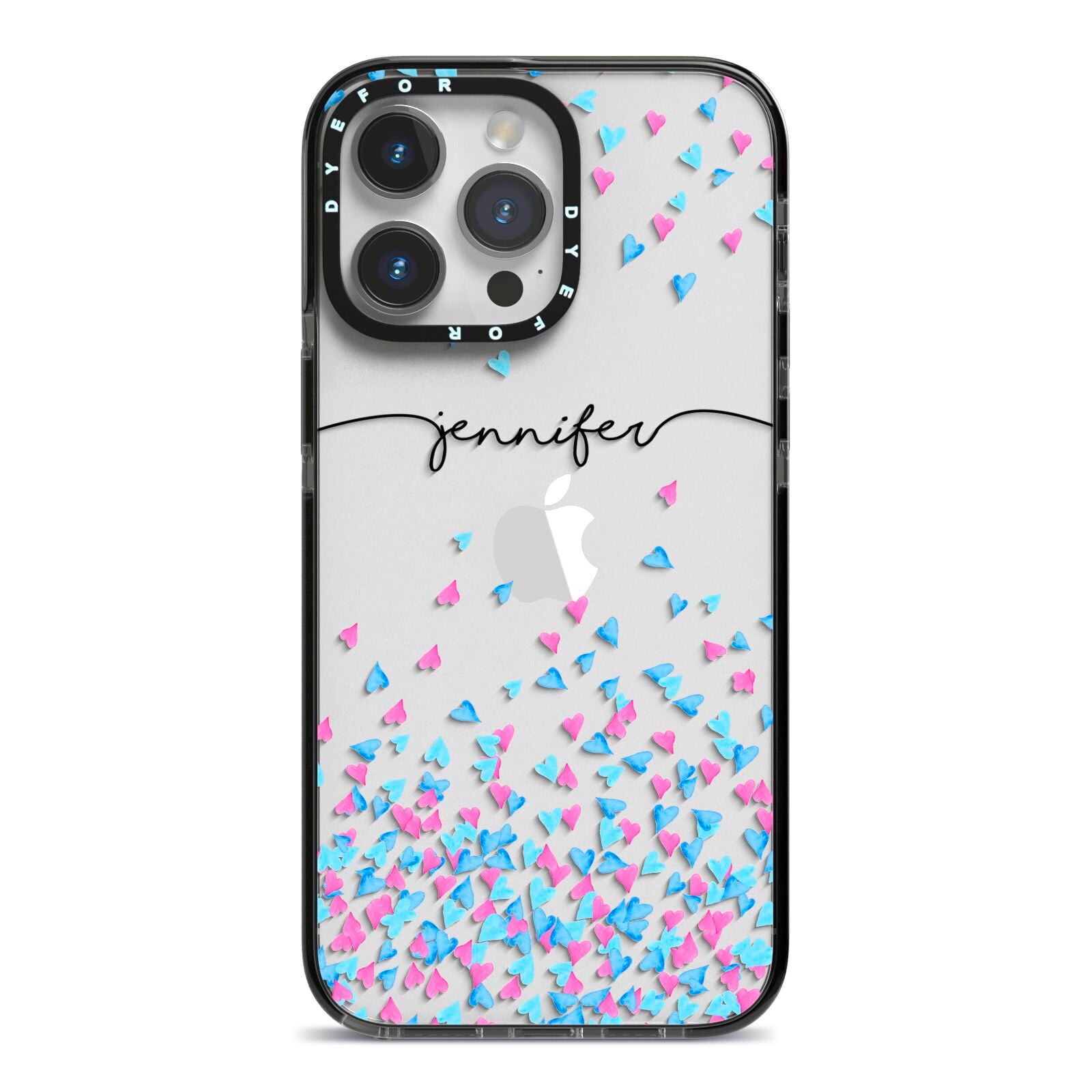 Personalised Confetti Hearts iPhone 14 Pro Max Black Impact Case on Silver phone