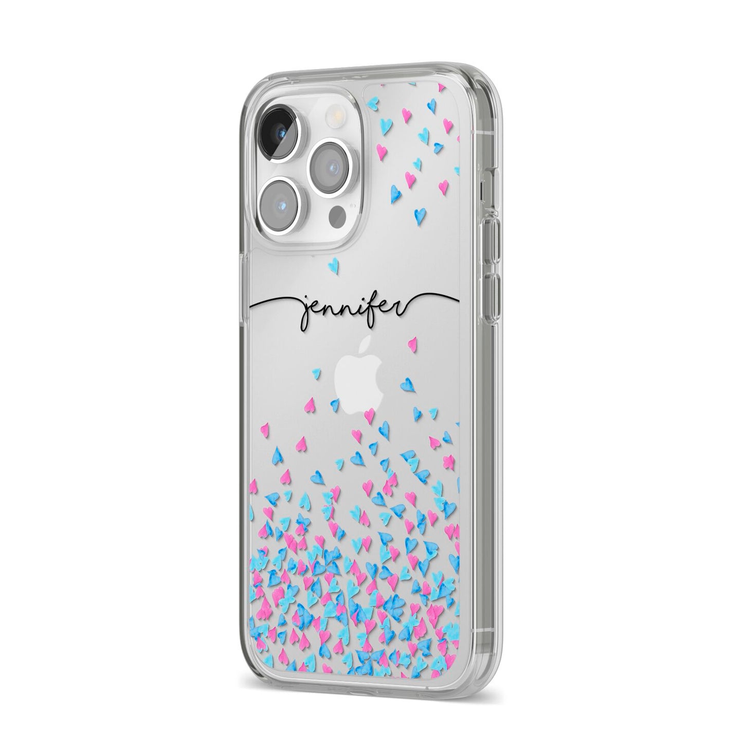 Personalised Confetti Hearts iPhone 14 Pro Max Clear Tough Case Silver Angled Image