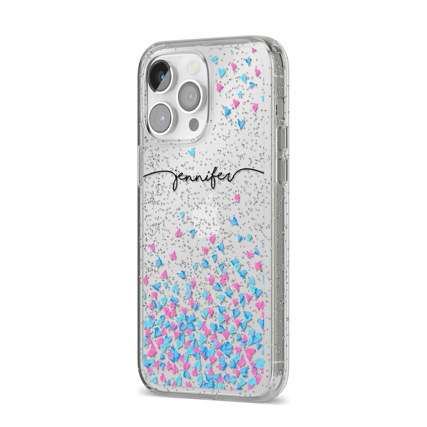 Personalised Confetti Hearts iPhone 14 Pro Max Glitter Tough Case Silver Angled Image