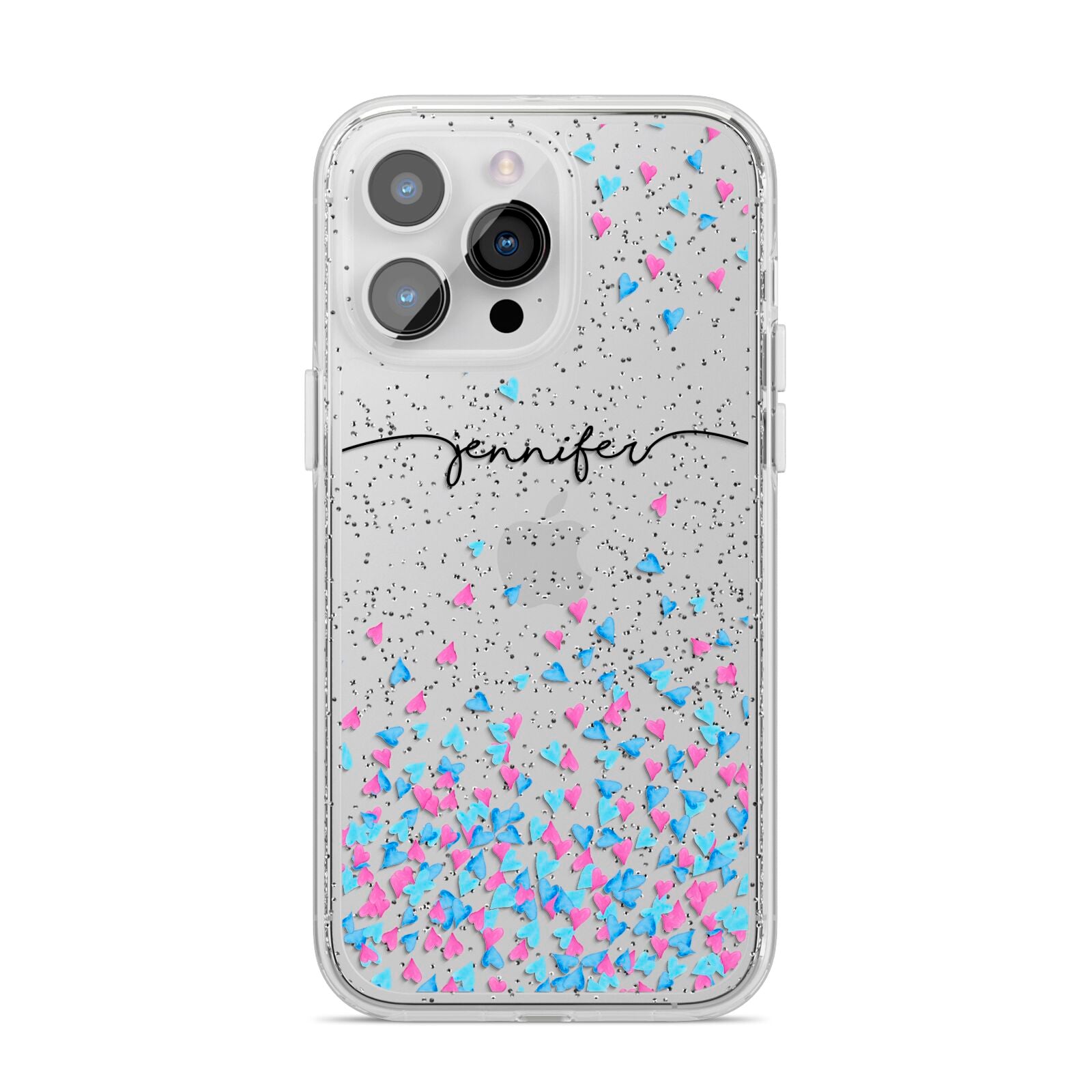Personalised Confetti Hearts iPhone 14 Pro Max Glitter Tough Case Silver