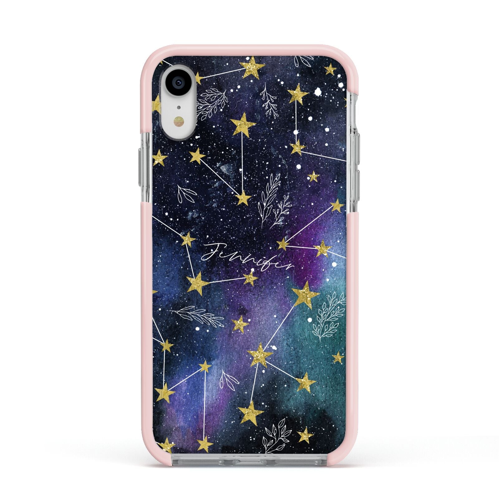 Personalised Constellation Apple iPhone XR Impact Case Pink Edge on Silver Phone