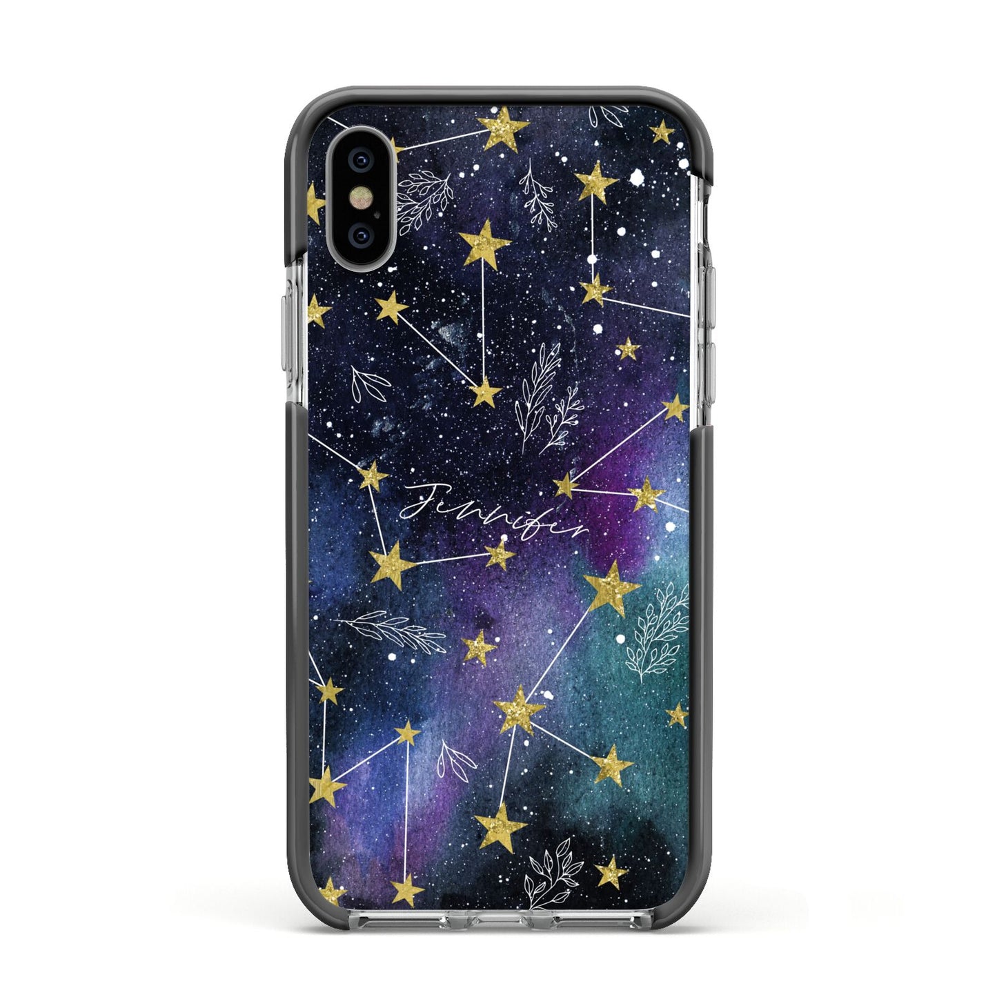 Personalised Constellation Apple iPhone Xs Impact Case Black Edge on Silver Phone