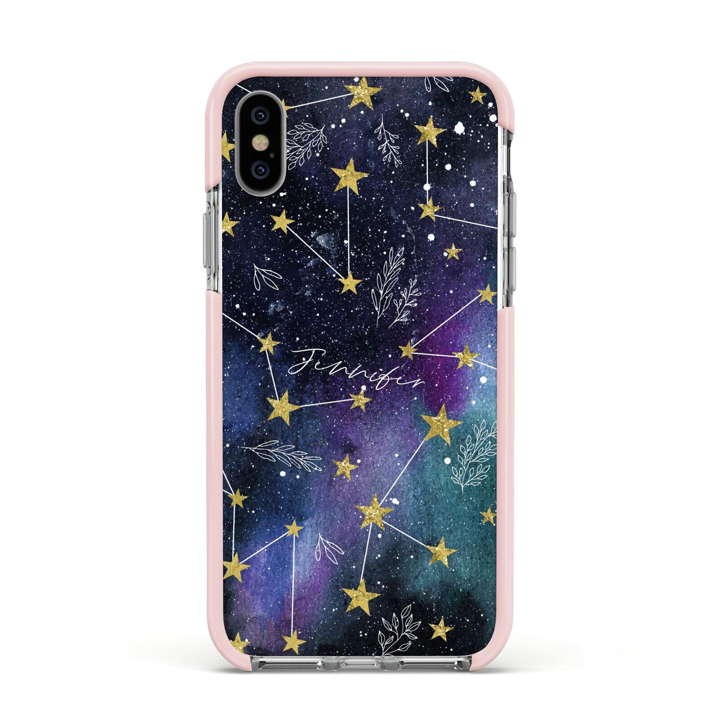 Personalised Constellation Apple iPhone Xs Impact Case Pink Edge on Silver Phone