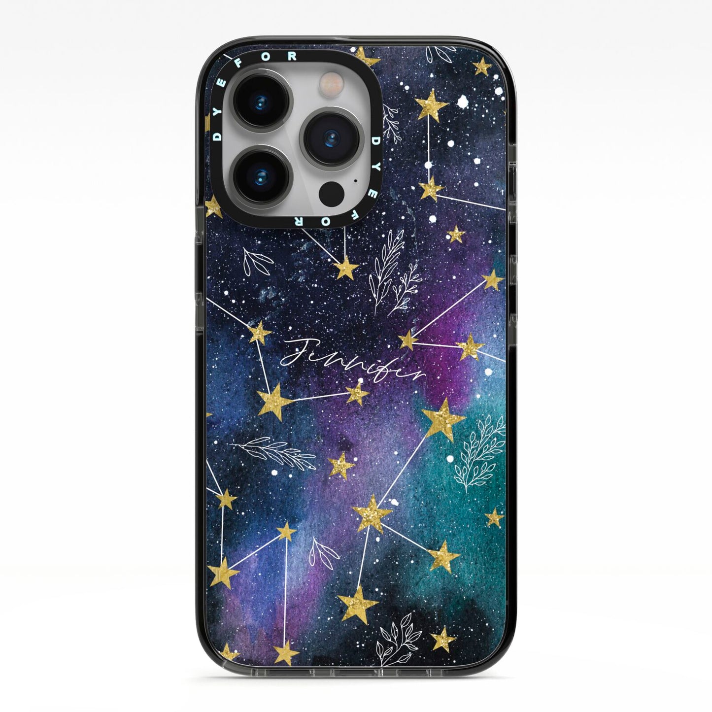 Personalised Constellation iPhone 13 Pro Black Impact Case on Silver phone