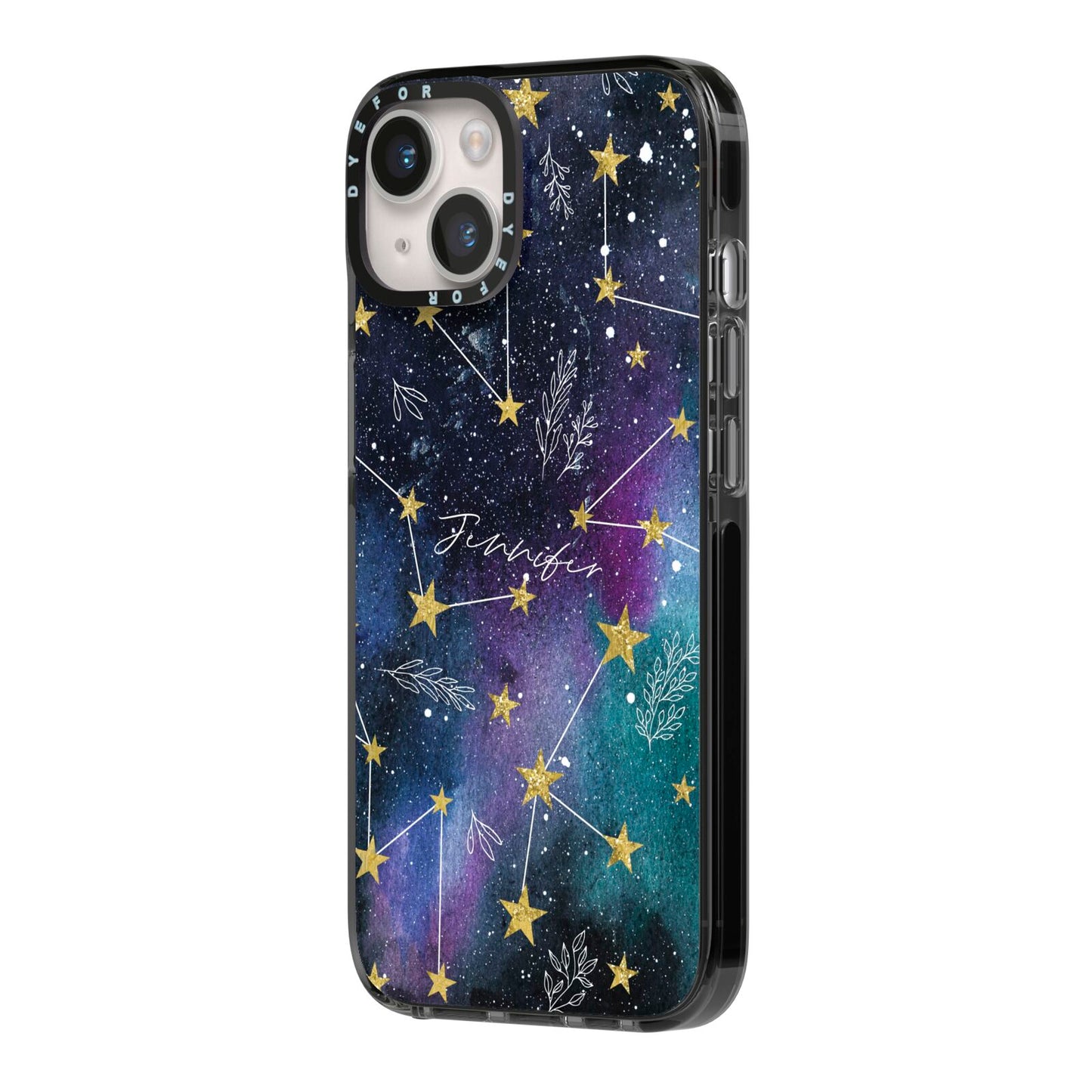 Personalised Constellation iPhone 14 Black Impact Case Side Angle on Silver phone
