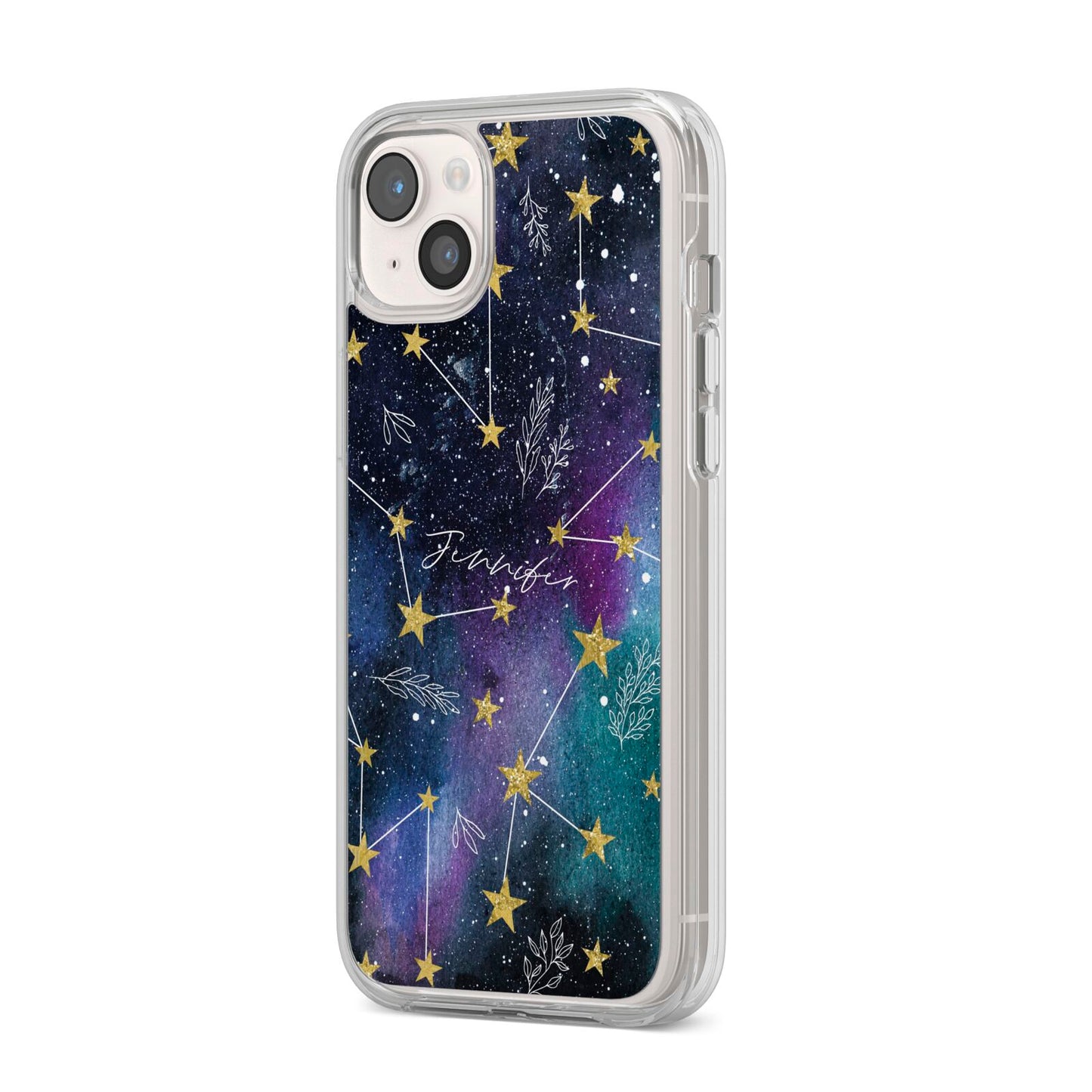 Personalised Constellation iPhone 14 Plus Clear Tough Case Starlight Angled Image