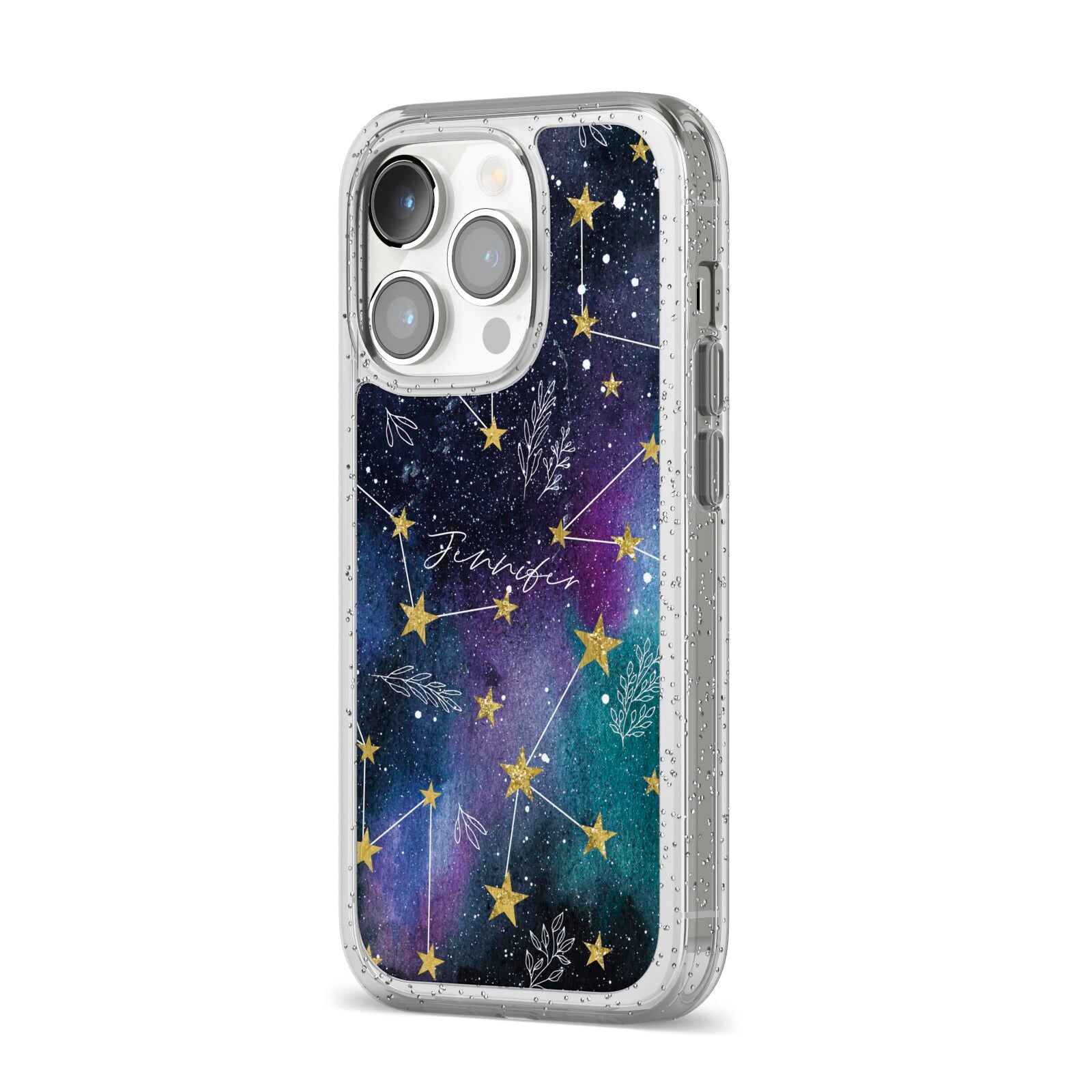 Personalised Constellation iPhone 14 Pro Glitter Tough Case Silver Angled Image