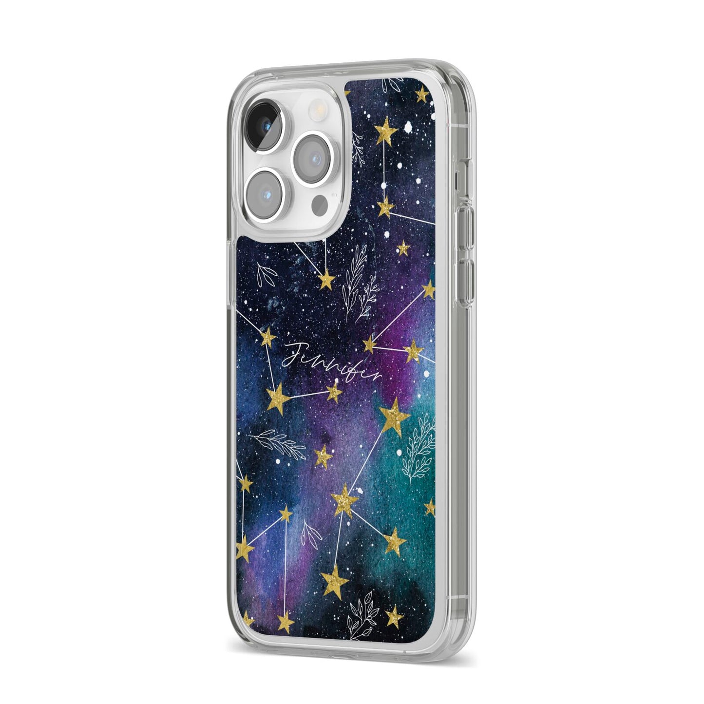 Personalised Constellation iPhone 14 Pro Max Clear Tough Case Silver Angled Image