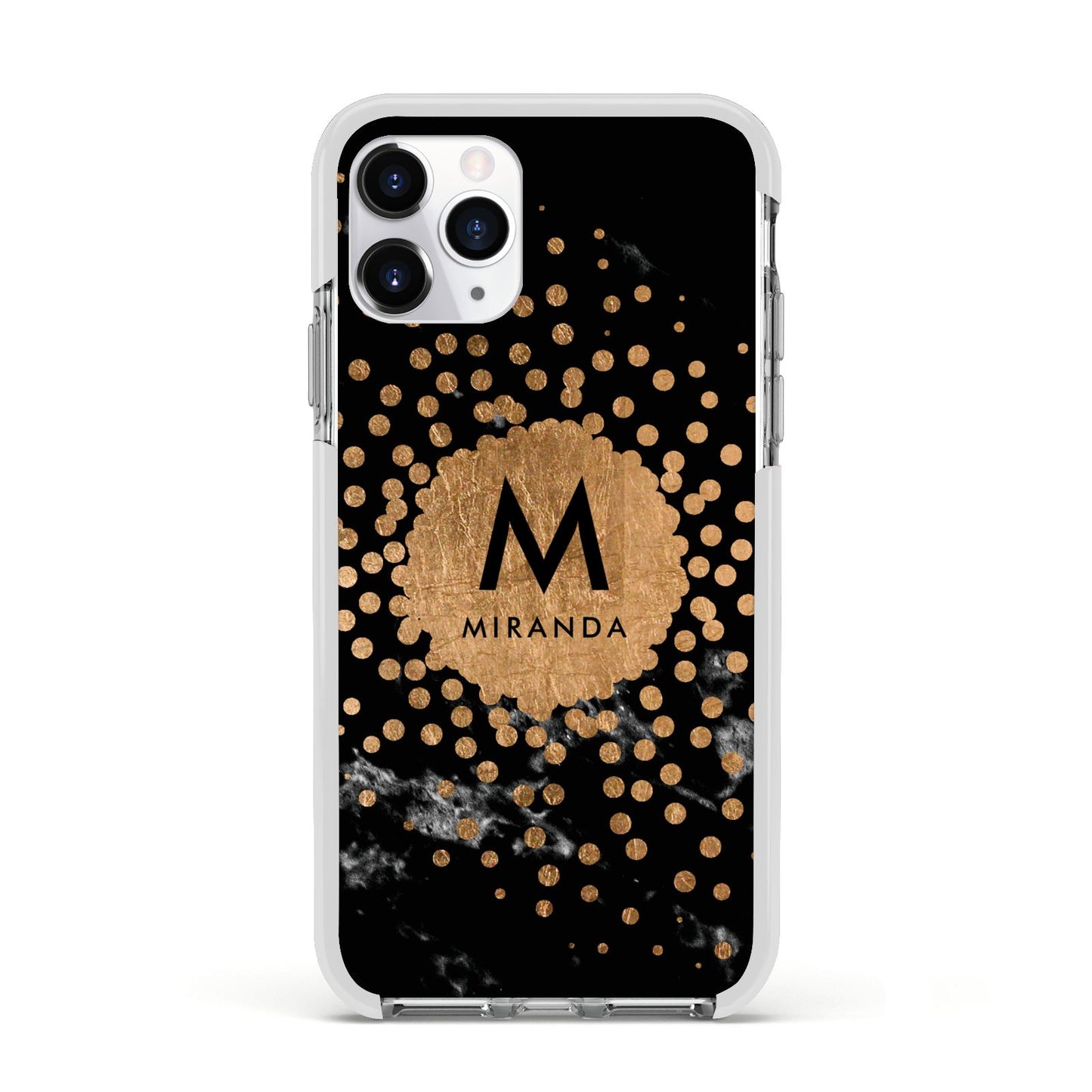Personalised Copper Black Marble With Name Apple iPhone 11 Pro in Silver with White Impact Case