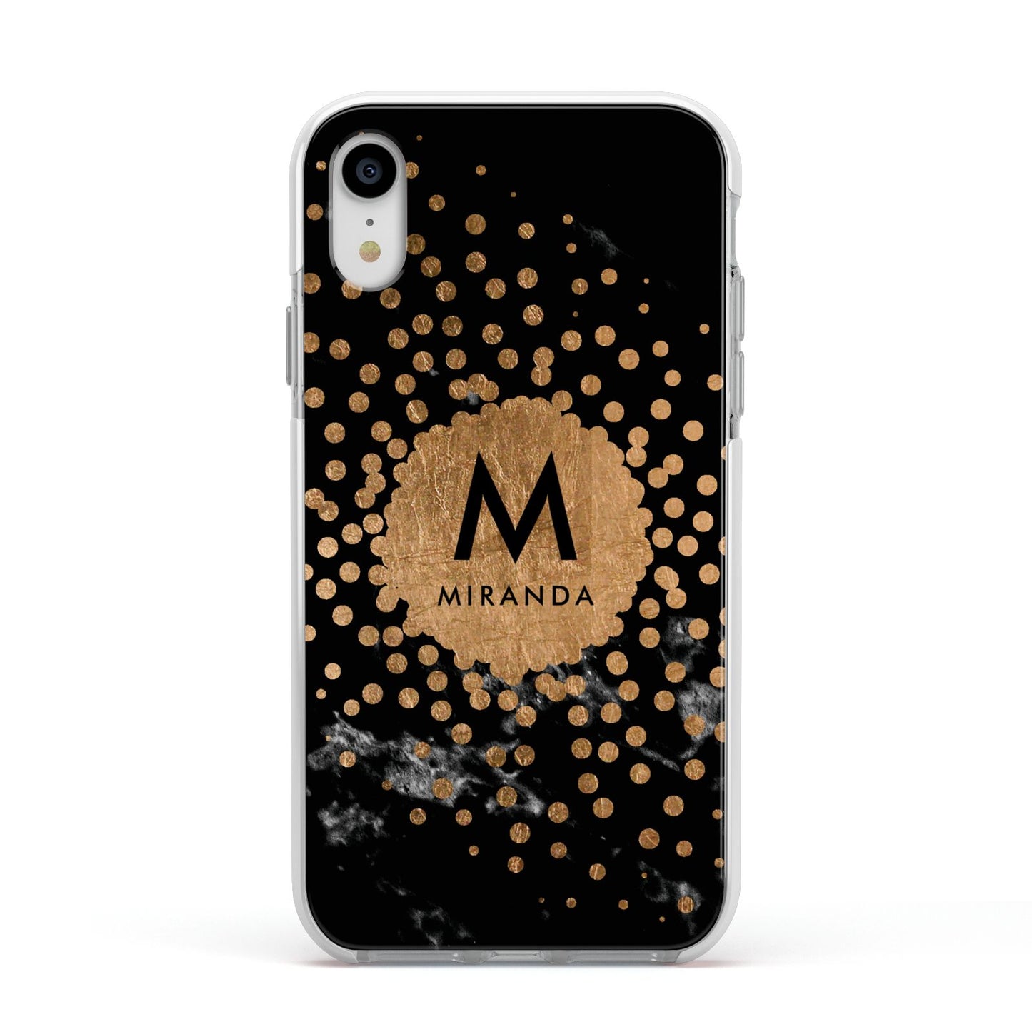 Personalised Copper Black Marble With Name Apple iPhone XR Impact Case White Edge on Silver Phone
