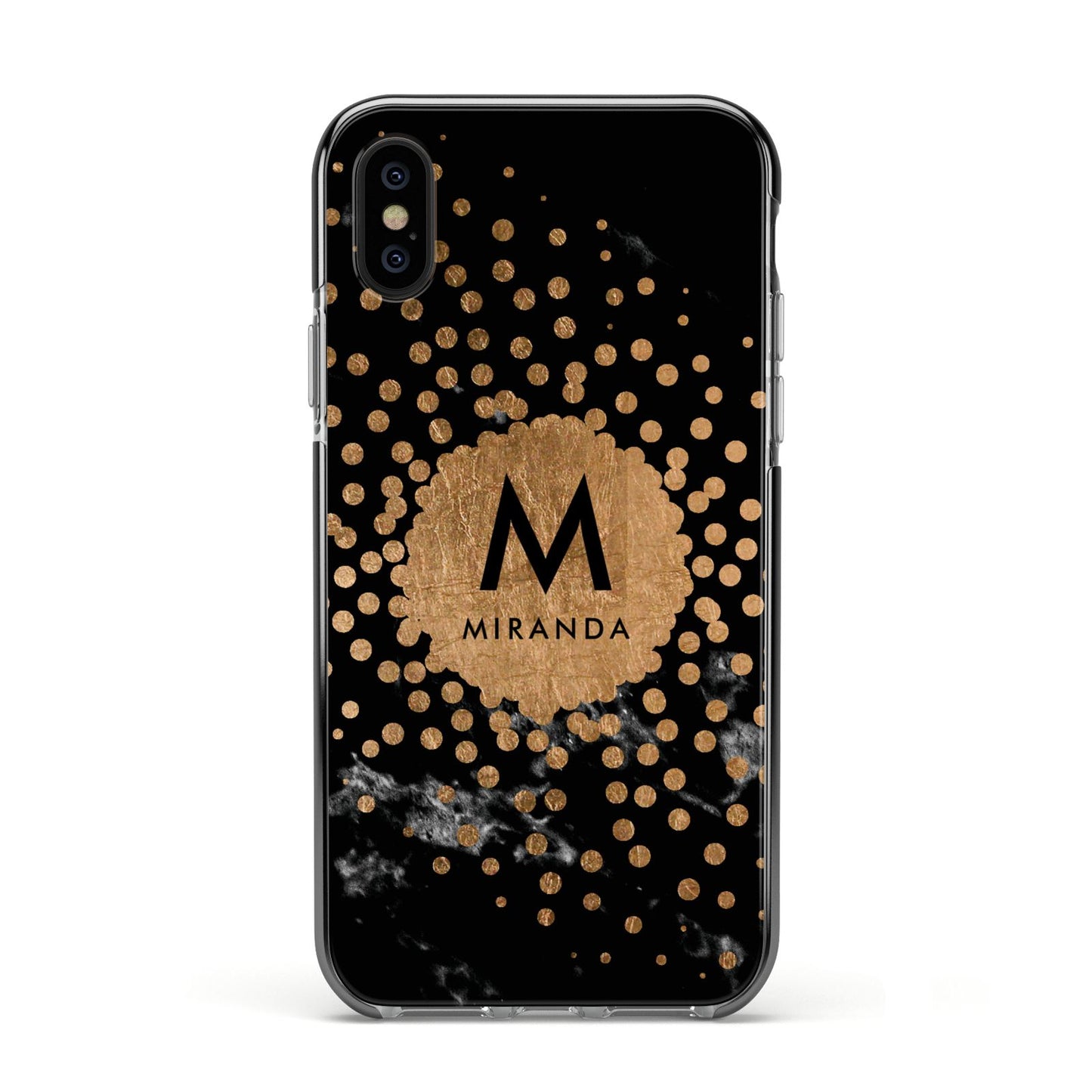 Personalised Copper Black Marble With Name Apple iPhone Xs Impact Case Black Edge on Black Phone