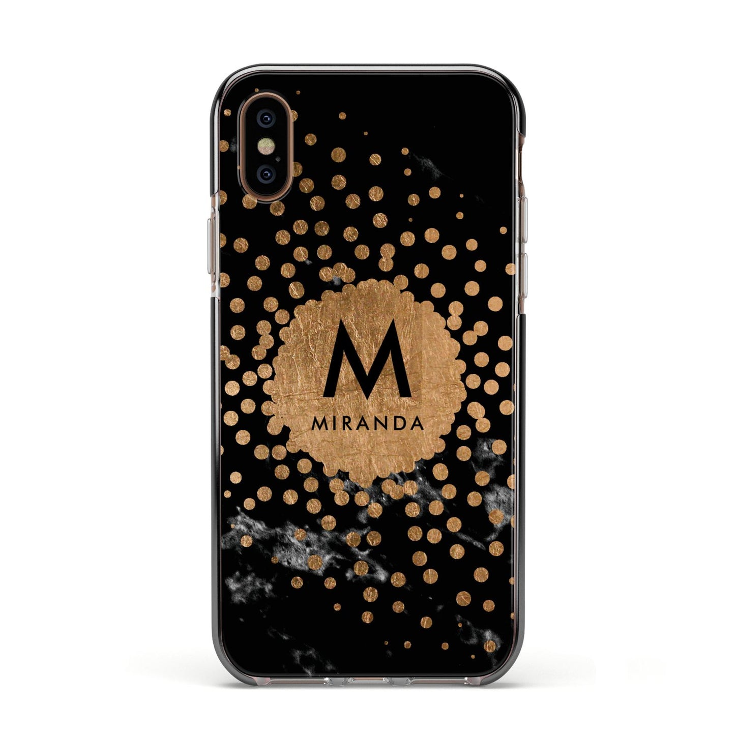 Personalised Copper Black Marble With Name Apple iPhone Xs Impact Case Black Edge on Gold Phone