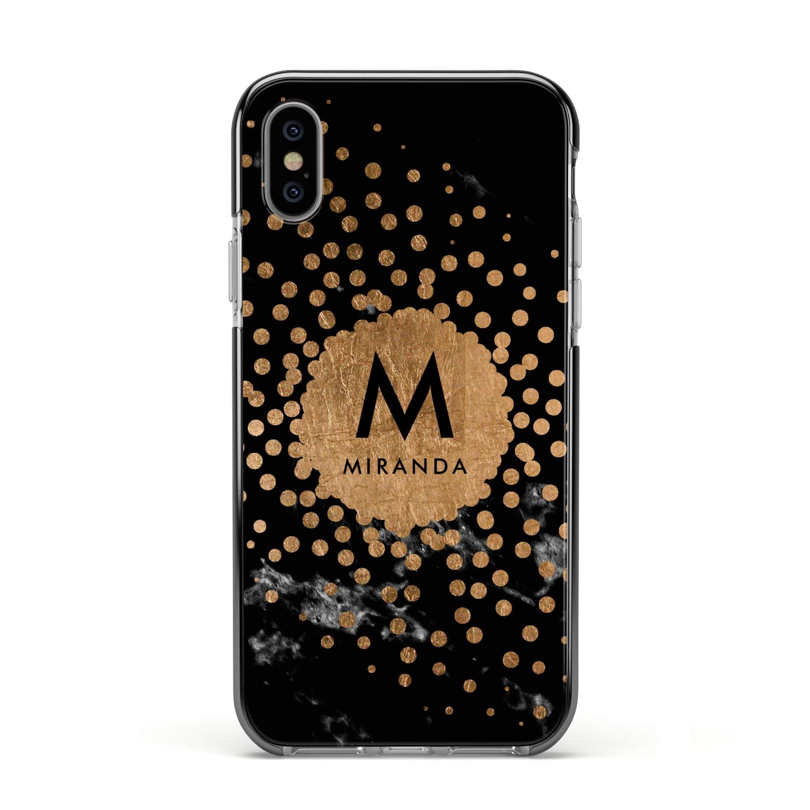Personalised Copper Black Marble With Name Apple iPhone Xs Impact Case Black Edge on Silver Phone