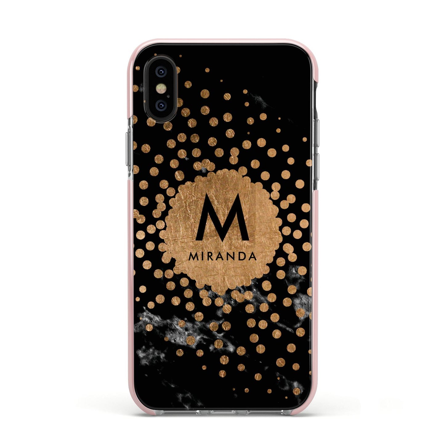 Personalised Copper Black Marble With Name Apple iPhone Xs Impact Case Pink Edge on Black Phone