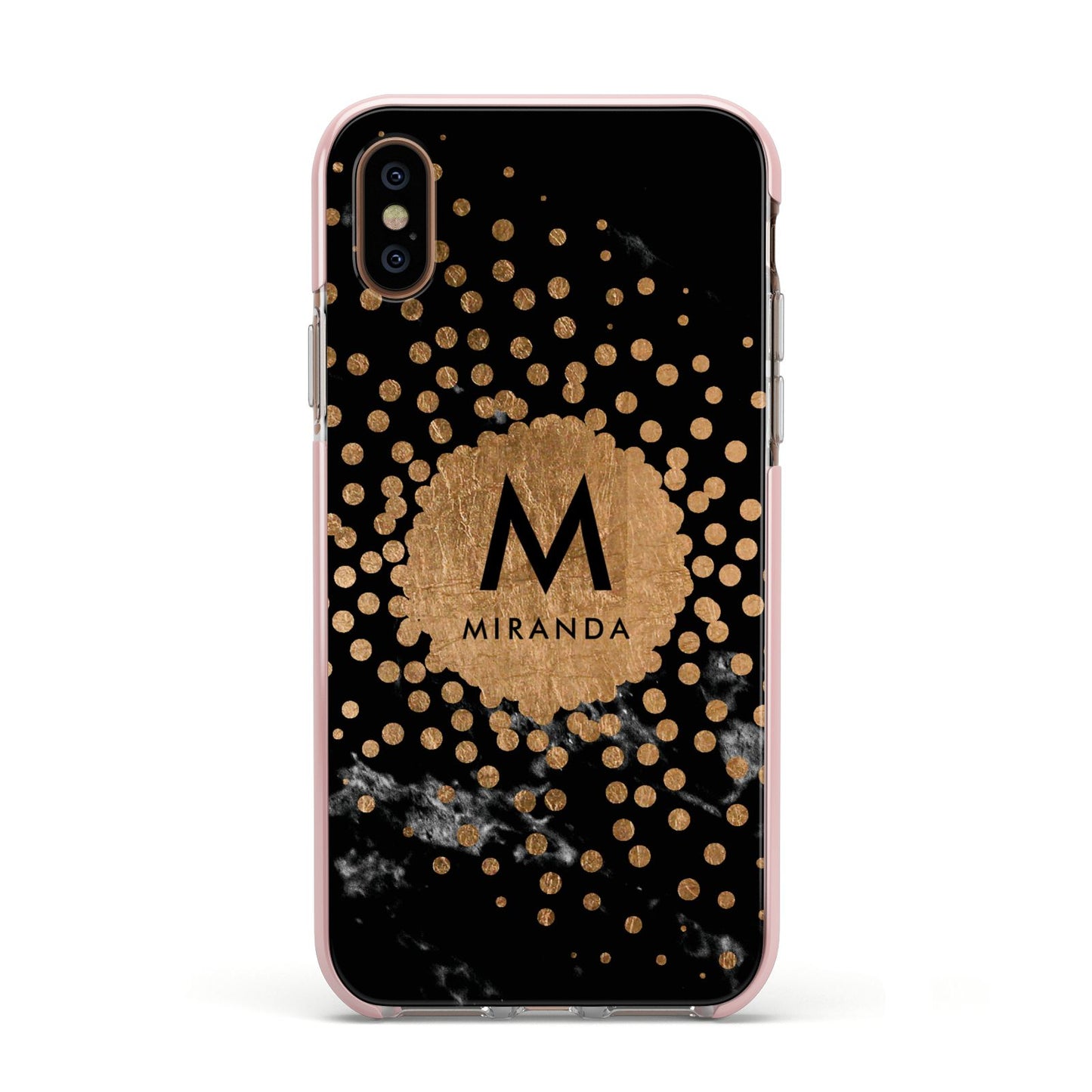 Personalised Copper Black Marble With Name Apple iPhone Xs Impact Case Pink Edge on Gold Phone