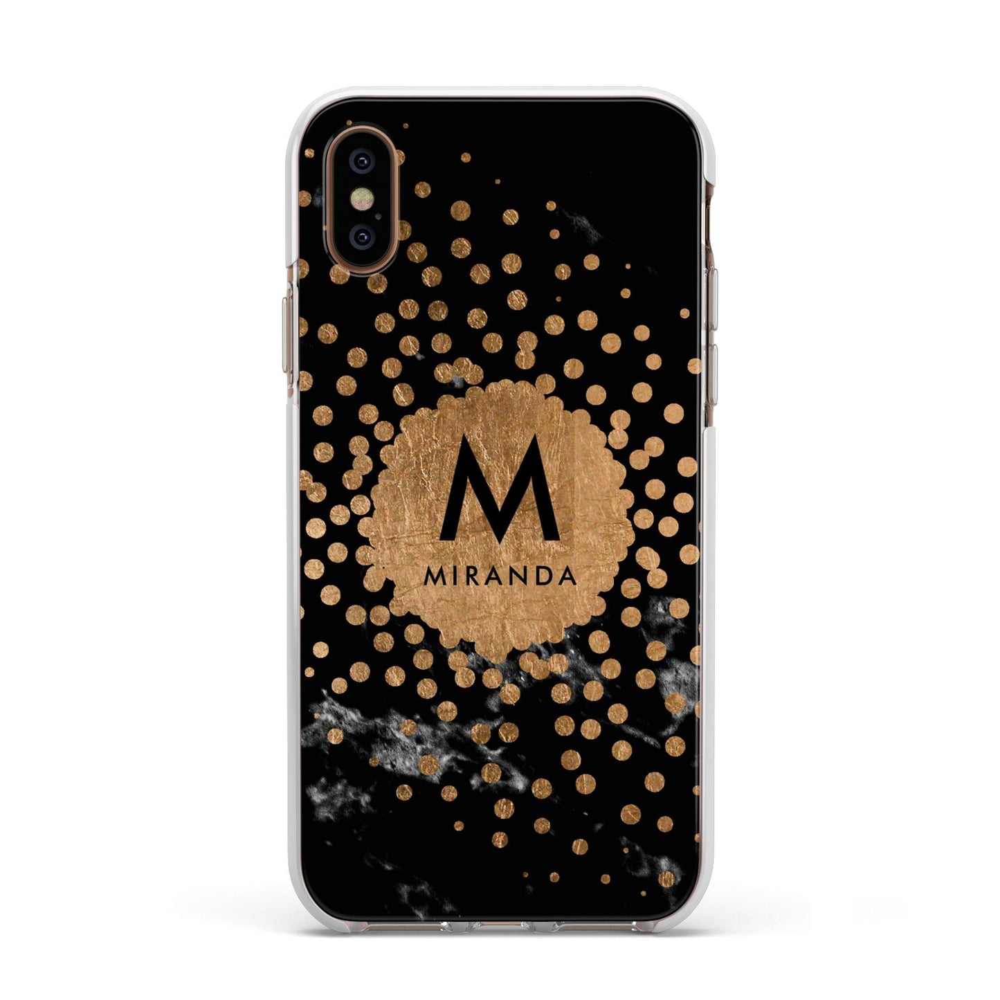 Personalised Copper Black Marble With Name Apple iPhone Xs Impact Case White Edge on Gold Phone