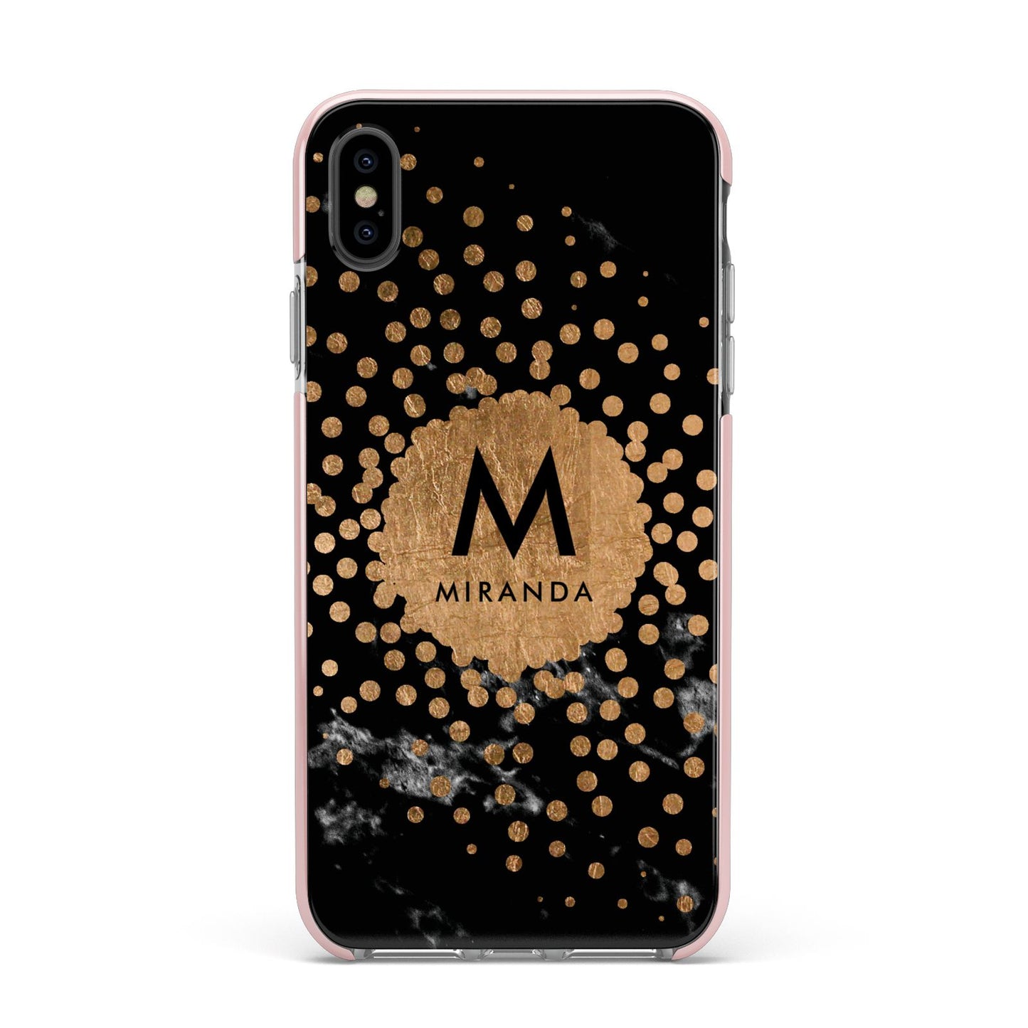 Personalised Copper Black Marble With Name Apple iPhone Xs Max Impact Case Pink Edge on Black Phone