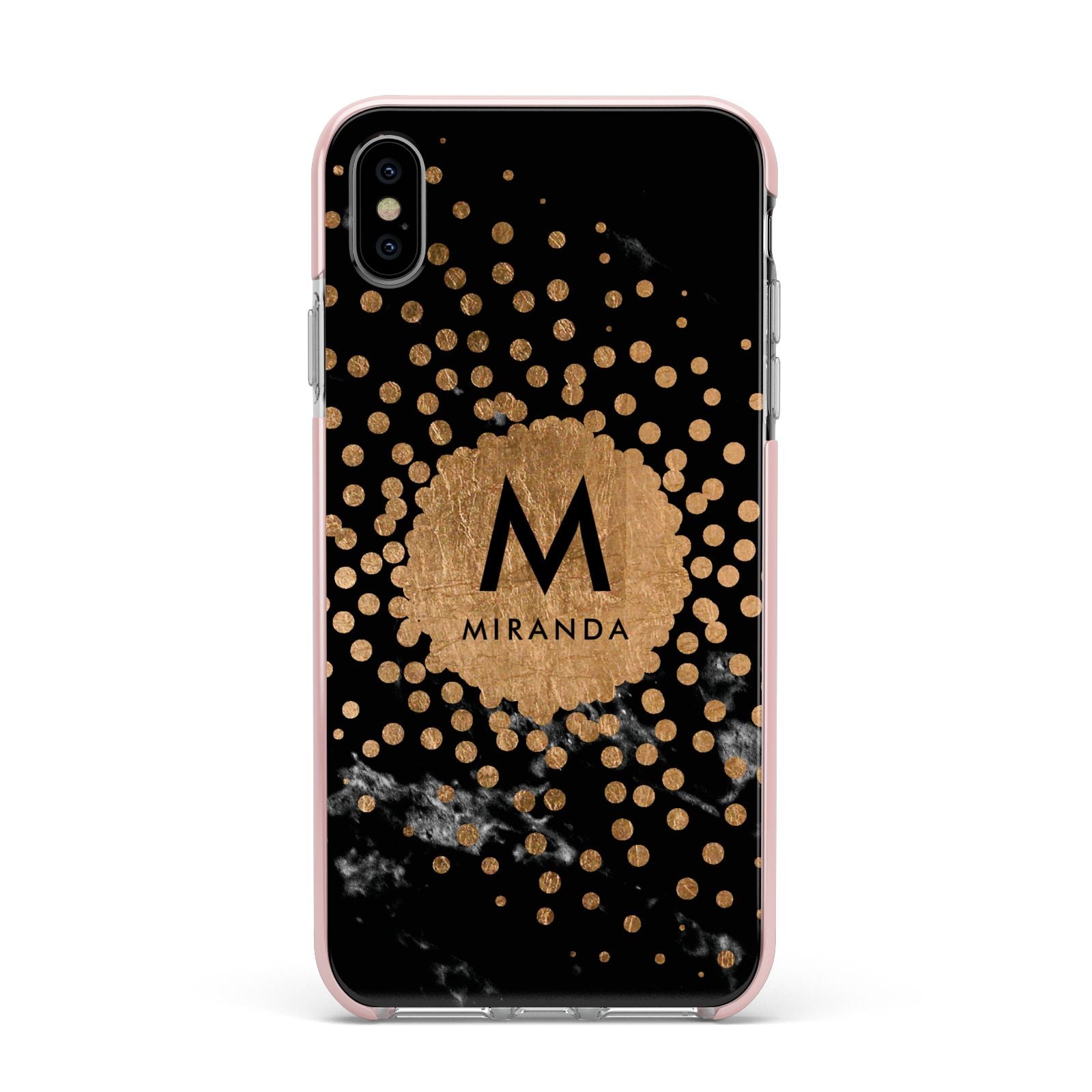 Personalised Copper Black Marble With Name Apple iPhone Xs Max Impact Case Pink Edge on Silver Phone